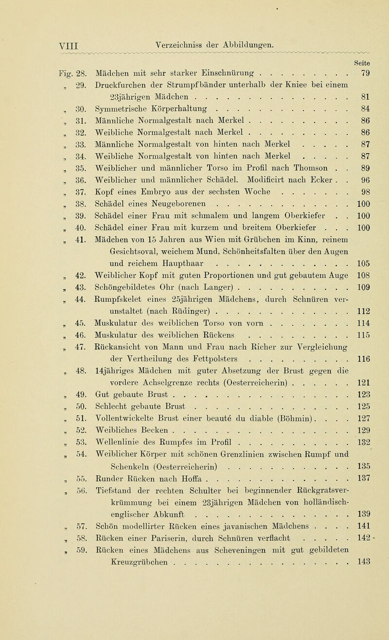Seite Fig. 28. Mädchen mit sehr starker Einschnürung 79 „ 29. Druckfurchen der Strumpfbänder unterhalb der Kniee bei einem 23jährigen Mädchen 81 „ 30. Symmetrische Körperhaltung 84 ,, 81. Männliche Normalgestalt nach Merkel 86 „ 32. Weibliche Normalgestalt nach Merkel 86 „ 33. Männliche Normalgestalt von hinten nach Merkel ..... 87 ., 34. Weibliche Normalgestalt von hinten nach Merkel 87 , 35. Weiblicher und männlicher Torso im Profil nach Thomson . . 89 „ 36. Weiblicher und männlicher Schädel. Modificirt nach Ecker . . 96 „ 37. Kopf eines Embryo aus der sechsten Woche 98 , 38. Schädel eines Neugeborenen 100 „ 39. Schädel einer Frau mit schmalem und langem Oberkiefer . . 100 „ 40. Schädel einer Frau mit kurzem und breitem Oberkiefer . . . 100 „ 41. Mädchen von 15 Jahren aus Wien mit Grübchen im Kinn, reinem Gesichtsoval, weichem Mund, Schönheitsfalten über den Augen und reichem Haupthaar 105 „ 42. Weiblicher Kopf mit guten Proportionen und gut gebautem Auge 108 „ 43. Schöngebildetes Ohr (nach Langer) 109 „ 44. Rumpfskelet eines 25jährigen Mädchens, durch Schnüren ver- unstaltet (nach Rüdinger) 112 , 45. Muskulatur des weiblichen Torso von vorn 114 „ 46. Muskulatur des weiblichen Rückens 115 „ 47. Rückansicht von Mann und Frau nach Richer zur Vergleichung der Vertheilung des Fettpolsters 116 „ 48. 14jähriges Mädchen mit guter Absetzung der Brust gegen die vordere Achselgrenze rechts (Oesterreicherin) 121 „ 49. Gut gebaute Brust . 123 „ 50. Schlecht gebaute Brust 125 „ 51. Vollentwickelte Brust einer beaute du diable (Böhmin).... 127 „ 52. Weibliches Becken 129 „ 53. Wellenlinie des RumjDfes im Profil 132 , 54. Weiblicher Körper mit schönen Grenzlinien zwischen Rumpf und Schenkeln (Oesterreicherin) 135 ,, 55. Runder Rücken nach Hoffa 137 , 56. Tiefstand der rechten Schulter bei beginnender Rückgratsver- krümmung bei einem 23jährigen Mädchen von holländisch- englischer Abkunft 139 „ 57. Schön modellirter Rücken eines javanischen Mädchens .... 141 „ 58. Rücken einer Pariserin, durch Schnüren verflacht 142 „ 59. Rücken eines Mädchens aus Scheveningen mit gut gebildeten Kreuzgrübchen 143