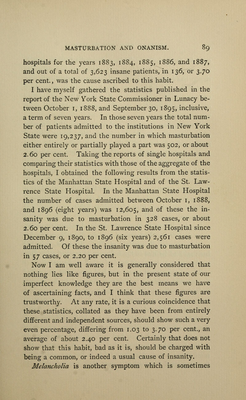 hospitals for the years 1883, 1884, 1885, 1886, and 1887, and out of a total of 3,623 insane patients, in 136, or 3.70 per cent., was the cause ascribed to this habit. I have myself gathered the statistics published in the report of the New York State Commissioner in Lunacy be- tween October 1, 1888, and September 30, 1895, inclusive, a term of seven years. In those seven years the total num- ber of patients admitted to the institutions in New York State were 19,237, and the number in which masturbation either entirely or partially played a part was 502, or about 2.60 per cent. Taking the reports of single hospitals and comparing their statistics with those of the aggregate of the hospitals, I obtained the following results from the statis- tics of the Manhattan State Hospital and of the St. Law- rence State Hospital. In the Manhattan State Hospital the number of cases admitted between October 1, 1888, and 1896 (eight years) was 12,605, and of these the in- sanity was due to masturbation in 328 cases, or about 2.60 per cent. In the St. Lawrence State Hospital since December 9, 1890, to 1896 (six years) 2,561 cases were admitted. Of these the insanity was due to masturbation in 57 cases, or 2.20 per cent. Now I am well aware it is generally considered that nothing lies like figures, but in the present state of our imperfect knowledge they are the best means we have of ascertaining facts, and I think that these figures are trustworthy. At any rate, it is a curious coincidence that these statistics, collated as they have been from entirely different and independent sources, should show such a very even percentage, differing from 1.03 to 3.70 per cent., an average of about 2.40 per cent. Certainly that does not show that this habit, bad as it is, should be charged with being a common, or indeed a usual cause of insanity. Melancholia is another symptom which is sometimes