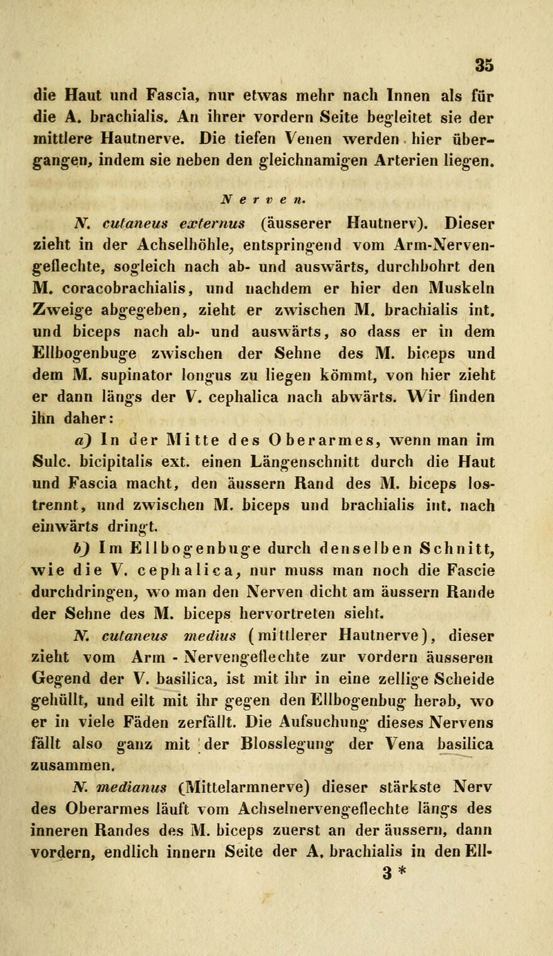 die Haut und Fascia, nur etwas mehr nach Innen als für die A. brachialis. An ihrer vordem Seite begleitet sie der mittlere Hautnerve. Die tiefen Venen werden hier über- gangen, indem sie neben den gleichnamigen Arterien liegen. Nerven. iV. cutaneus externus (äusserer Hautnerv). Dieser zieht in der Achselhöhle^ entspringend vom Arm-Nerven- geflechte, sogleich nach ab- und auswärts, durchbohrt den M. coracobrachialis, und nachdem er hier den Muskeln Zweige abgegeben, zieht er zwischen M. brachialis int, und biceps nach ab- und auswärts, so dass er in dem Ellbogenbuge zwischen der Sehne des M. biceps und dem M. supinator longus zu liegen kömmt, von hier zieht er dann längs der V. cephalica nach abwärts. Wir finden ihn daher: a) In der Mitte des Oberarmes, wenn man im Sulc. bicipitalis ext. einen Längenschnitt durch die Haut und Fascia macht, den äussern Rand des M. biceps los- trennt, und zwischen M. biceps und brachialis int. nach einwärts dringt. b) Im Ellbogenbuge durch denselben Schnitt, wie die V. cephalica, nur muss man noch die Fascie durchdringen, wo man den Nerven dicht am äussern Rande der Sehne des M. biceps hervortreten sieht. iV. cutaneus medius (mittlerer Hautnerve), dieser zieht vom Arm - Nervengeflechte zur vordem äusseren Gegend der V. basilica, ist mit ihr in eine zellige Scheide gehüllt, und eilt mit ihr gegen den Ellbogenbug herab, wo er in viele Fäden zerfällt. Die Aufsuchung dieses Nervens fällt also ganz mit der Blosslegung der Vena basilica zusammen. N. medianus (Mittelarmnerve) dieser stärkste Nerv des Oberarmes läuft vom Achselnervengeflechte längs des inneren Randes des M. biceps zuerst an der äussern, dann vordem, endlich innern Seite der A. brachialis in den Ell- 3 *