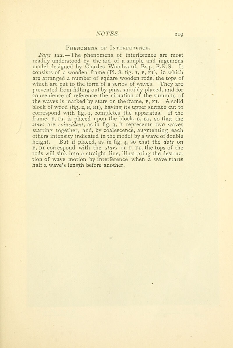 Phenomena of Interference, I^age 122.—The phenomena of interference are most readily understood by the aid of a simple and ingenious model designed by Charles Woodward, Esq., F.R.S. It consists of a wooden frame (PI. 8, fig. i, f, fi), in which are arranged a number of square wooden rods, the tops of which are cut to the form of a series of waves. They are prevented from falling out by pins, suitably placed, and for convenience of reference the situation of the summits of the waves is marked by stars on the frame, F, fi. A solid block of wood (fig. 2, B, Bi), having its upper surface cut to correspond with fig. i, completes the apparatus. If the frame, f, fi, is placed upon the block, b, bi, so that the stars are coincident, as in fig. 3, it represents two v/aves starting together, and, by coalescence, augmenting each others intensity indicated in the model by a wave of double height. But if placed, as in fig. 4, so that the dots on B, BI correspond with the stars on f, fi, the tops of the rods will sink into a straight line, illustrating the destruc- tion of wave motion by interference when a wave starts half a wave's length before another.