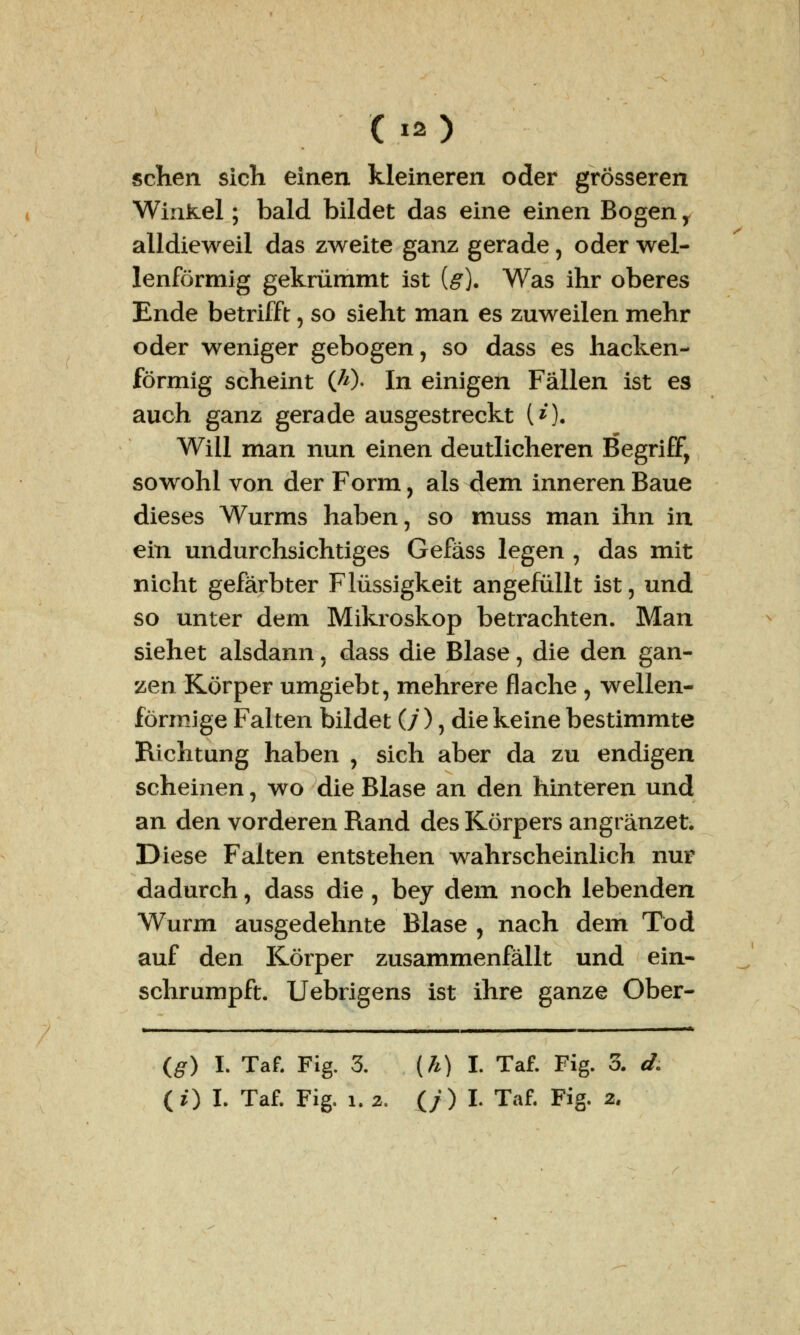 sehen sich einen kleineren oder grösseren Winkel; bald bildet das eine einen Bogen y alldieweil das zweite ganz gerade, oder wel- lenförmig gekrümmt ist {g). Was ihr oberes Ende betrifft, so sieht man es zuweilen mehr oder weniger gebogen, so dass es hacken- förmig scheint (*). In einigen Fällen ist es auch ganz gerade ausgestreckt (*). Will man nun einen deutlicheren Begriff, sowohl von der Form, als dem inneren Baue dieses Wurms haben, so muss man ihn in ein undurchsichtiges Gefäss legen , das mit nicht gefärbter Flüssigkeit angefüllt ist, und so unter dem Mikroskop betrachten. Man siehet alsdann, dass die Blase, die den gan- zen Körper umgiebt, mehrere flache , wellen- förmige Falten bildet (/), die keine bestimmte Richtung haben , sich aber da zu endigen scheinen, wo die Blase an den hinteren und an den vorderen Rand des Körpers angi änzet. Diese Falten entstehen wahrscheinlich nur dadurch, dass die , bey dem noch lebenden Wurm ausgedehnte Blase , nach dem Tod auf den Körper zusammenfällt und ein- schrumpft. Uebrigens ist ihre ganze Ober- (g) I. Taf. Fig. 3. (k) I. Taf. Fig. o. d.