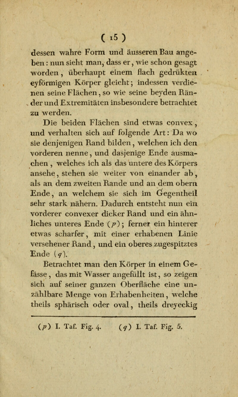 ( i5) dessen wahre Form und äusseren Bau ange- ben : nun sieht man, dass er, wie schon gesagt worden , überhaupt einem flach gedrükten eyförmigen Körper gleicht; indessen verdie- nen seine Flächen, so wie seine beyden Rän- der und Extremitäten insbesondere betrachtet zu werden. Die beiden Flächen sind etwas convex, und verhalten sich auf folgende Art: Da wo sie denjenigen Rand bilden, welchen ich den vorderen nenne, und dasjenige Ende ausma- chen , welches ich als das untere des Körpers ansehe, stehen sie weiter von einander ab, als an dem zweiten Rande und an dem obern Ende, an welchem sie sich im Gregentheil sehr stark nähern. Dadurch entsteht nun ein vorderer convexer dicker Rand und ein ähn- liches unteres Ende (p); ferner ein hinterer etwas scharfer, mit einer erhabenen Linie versehener Rand, und ein oberes zugespitztes Ende (y). Betrachtet man den Körper in einem Ge- fässe , das mit Wasser angefüllt ist, so zeigen sich auf seiner ganzen Oberfläche eine un- zählbare Menge von Erhabenheiten, welche theils sphärisch oder oval, theils dreyeckig * i ■—■——■——————————————^