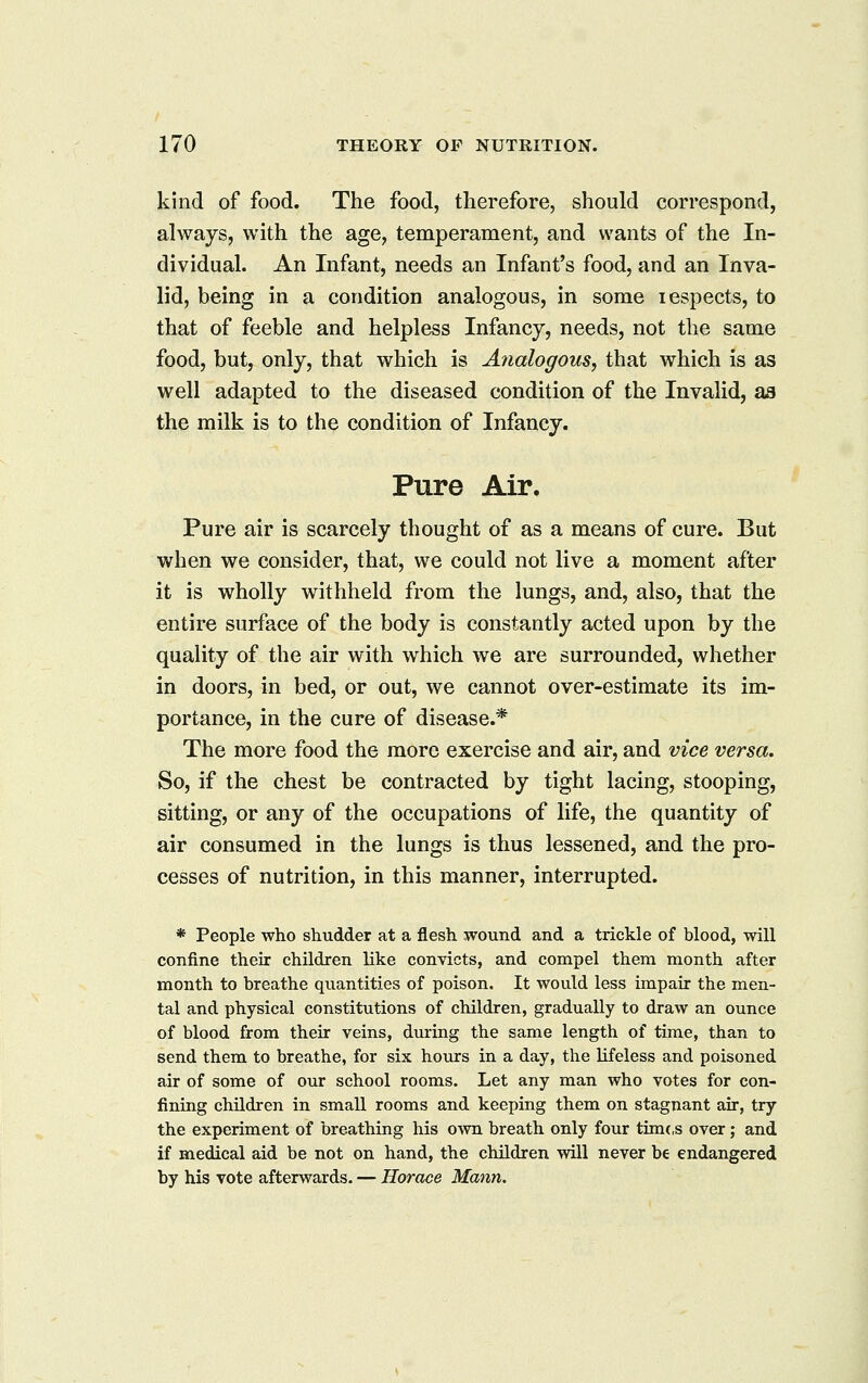 kind of food. The food, therefore, should correspond, always, with the age, temperament, and wants of the In- dividual. An Infant, needs an Infant's food, and an Inva- lid, being in a condition analogous, in some lespects, to that of feeble and helpless Infancy, needs, not the same food, but, only, that which is Analogous, that which is as well adapted to the diseased condition of the Invalid, aa the milk is to the condition of Infancy. Pure Air. Pure air is scarcely thought of as a means of cure. But when we consider, that, we could not live a moment after it is wholly withheld from the lungs, and, also, that the entire surface of the body is constantly acted upon by the quality of the air with which we are surrounded, whether in doors, in bed, or out, we cannot over-estimate its im- portance, in the cure of disease.* The more food the more exercise and air, and vice versa. So, if the chest be contracted by tight lacing, stooping, sitting, or any of the occupations of life, the quantity of air consumed in the lungs is thus lessened, and the pro- cesses of nutrition, in this manner, interrupted. * People who shudder at a flesh wound and a trickle of blood, will confine their children like convicts, and compel them month after month to breathe quantities of poison. It would less impair the men- tal and physical constitutions of children, gradually to draw an ounce of blood from their veins, during the same length of time, than to send them to breathe, for six hours in a day, the lifeless and poisoned air of some of our school rooms. Let any man who votes for con- fining children in small rooms and keeping them on stagnant air, try the experiment of breathing his o^vn breath only four tim(,s over; and if medical aid be not on hand, the children will never be endangered by his vote afterwards. — Horace Mann.