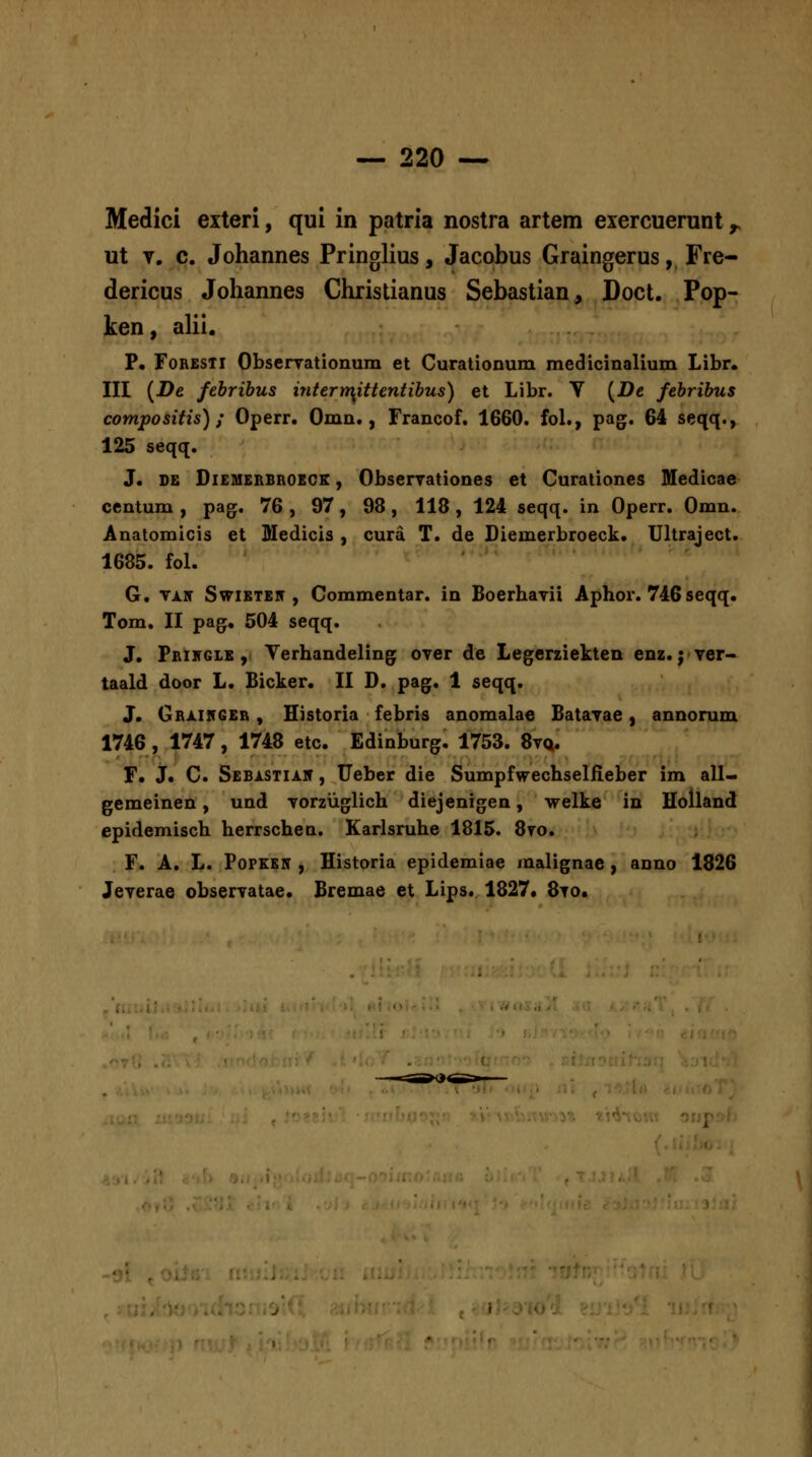 Medici exteri, qui in patria nostra artem exercuerunt^ ut T. c. Johannes Pringlius, Jacobus Graingerus, Fre- dericus Johannes Christianus Sebastian, Doct. Pop- ken, alii. P. FoRESTi ObscrTationum et Curalionum medicinalium Libr. III [De febribus intern\ittentibus) et Libr. V {De febribus comjpositis) ; Operr. Omn., Francof. 1660. foL, pag. 64 seqq., 125 seqq. J. DE DiEMERBROECK, Obscryationes et Curationes Medicae centum , pag. 76 , 97, 98 , 118 , 124 seqq. in Operr. Omn. Anatomicis et Medicis , cura T. de Diemerbroeck. Ultraject. 1685. foL G. vjLir SwiETEir, Commentar. in Boerbavii Aphor. 746seqq. Tom. II pag. 504 seqq. J. Prikgle , Verhandeling over de Legerziekten enz. jver- taald door L. Bicker. II D. pag. 1 seqq. J. GRi.iirG£R, Historia febris anomalae Batavae, annorum 1746 , 1747, 1748 etc. Edinburg. 1753. 8vq. r. J. C. SEBi.STii.ir, Ueber die Sumpfwechselfieber im all- gemeinen, und vorziiglich diejenigen, welke in Holland epidemisch herrschen. Karlsruhe 1815. 8to. F. A, L. PoPKEBf, Historia epidemiae malignae, anno 1826 Jeverae observatae. Bremae et Lips* 1827« 8to. i^-M onp