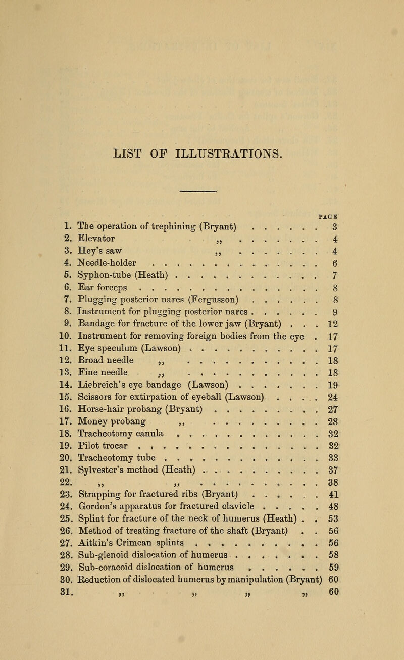 LIST OF ILLUSTRATIONS. PA&B 1. The operation of trephining (Bryant) 3 2. Elevator „ 4 3. Hey's saw ,, 4 4. Needle-holder 6 5. Syphon-tube (Heath) 7 6. Ear forceps 8 7. Plugging posterior nares (Fergusson) 8 8. Instrument for plugging posterior nares 9 9. Bandage for fracture of the lower jaw (Bryant) ... 12 10. Instrument for removing foreign bodies from the eye . 17 11. Eye speculum (Lawson) 17 12. Broad needle ,, 18 13. Fine needle ,, 18 14. Liebreich's eye bandage (Lawson) 19 15. Scissors for extirpation of eyeball (Lawson) 24 16. Horse-hair probang (Bryant) 27 17. Money probang ,, 28 18. Tracheotomy canula 32 19. Pilot trocar 32 20. Tracheotomy tube 33 21. Sylvester's method (Heath) 37 22. „ „ 38 23. Strapping for fractured ribs (Bryant) 41 24. Gordon's apparatus for fractured clavicle 48 25. Splint for fracture of the neck of humerus (Heath) . . 53 26. Method of treating fracture of the shaft (Bryant) . . 56 27. Aitkin's Crimean splints 56 28. Sub-glenoid dislocation of humerus 58 29. Sub-coracoid dislocation of humerus , 59 30. Eeductionof dislocated humerus by manipulation (Bryant) 60 31. )5 }> « j> 60