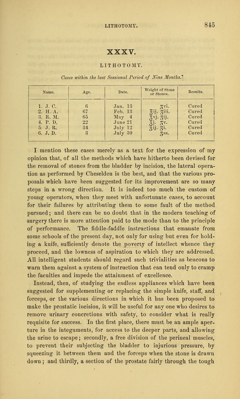 LITHOTOMY. 815 XXXV. LITHOTOMY. Cases within the last Sessional Period of Nine Months.* Name. Age. Date. Weight of Stone or Stones. Results. 1. J. c. 6 Jan. 13 3vi. Cured 2. H. A. 67 Feb. 13 .?ij- 3iji- Cured 3. R. M. 65 May 4 &i-m- Cured 4. P. D. 22 June 21 %3- 3y- Cured 5. J. R. 34 July 12 3U- &■ Cured 6. J. D. 3 July 30 gas. Cured I mention these cases merely as a text for the expression of my opinion that, of all the methods which have hitherto been devised for the removal of stones from the bladder by incision, the lateral opera- tion as performed by Cheselden is the best, and that the various pro- posals which have been suggested for its improvement are so many steps in a wrong direction. It is indeed too much the custom of young operators, when they meet with unfortunate cases, to account for their failures by attributing them to some fault of the method pursued; and there can be no doubt that in the modern teaching of surgery there is more attention paid to the mode than to the principle of performance. The fiddle-faddle instructions that emanate from some schools of the present day, not only for using but even for hold- ing a knife, sufficiently denote the poverty of intellect whence they proceed, and the lowness of aspiration to which they are addressed. All intelligent students should regard such trivialities as beacons to warn them against a system of instruction that can tend only to cramp the faculties and impede the attainment of excellence. Instead, then, of studying the endless appliances which have been suggested for supplementing or replacing the simple knife, staff, and forceps, or the various directions in which it has been proposed to make the prostatic incision, it will be useful for any one who desires to remove urinary concretions with safety, to consider what is really requisite for success. In the first place, there must be an ample aper- ture in the integuments, for access to the deeper parts, and allowing the urine to escape; secondly, a free division of the perineal muscles, to prevent their subjecting the bladder to injurious pressure, by squeezing it between them and the forceps when the stone is drawn down; and thirdly, a section of the prostate fairly through the tough