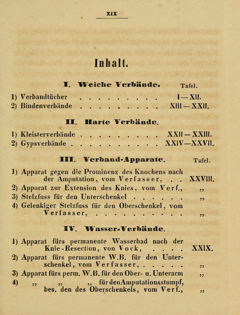 Inhalt. I. ^Veiclie Verbände» Tafel. 1) Verbandtücher I —XII. 2) ßindenverbände XIII —XXII. II. Harte Verbände. 1) Kleislerverbände XXII-XXIII. 2) Gypsverbände XXIV—XXVII. III. Verband-Apparate. Tafel. 1) Apparat gegen die Prominenz des Knochens nach der Amputation, vom Verfasser, . . XXVIII. 2) Apparat zur Extension des Knies, vom Verf., „ 3) Stelzfuss für den Unterschenkel „ 4) Gelenkiger Stelzfuss für den Oberschenkel, vom Verfasser, „ IV. Wasser-Verbände. 1) Apparat fürs permanente Wasserbad nach der Knie-Resectt'on, von Vock, .... XXIX. 2) Apparat fürs permanente W.B. für den Unter- schenkel, vom Verfasser, „ 3) Apparat fürs perm. W.B. für den Ober- u. Unterarm „ 4) „ „ „ fürdenAmputationsstumpf, bes. den des Oberschenkels, vom Verf., „