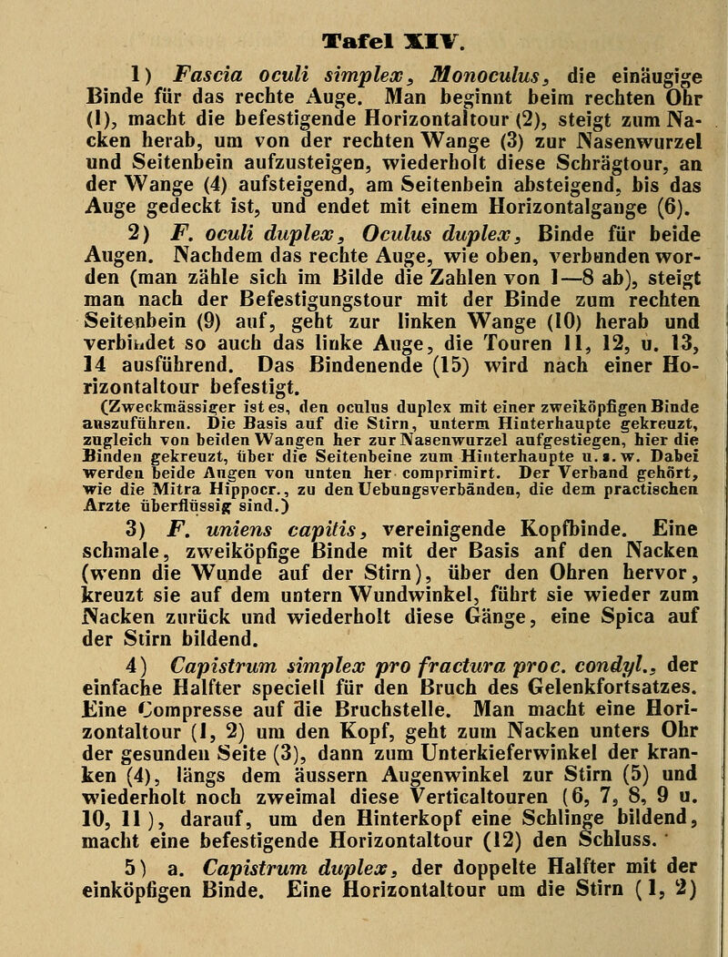 1) Fascia oculi simplex, Monoculus, die einäugige Binde für das rechte Auge. Man beginnt beim rechten Ohr (I), macht die befestigende Horizontaltour (2), steigt zum Na- cken herab, um von der rechten Wange (3) zur Nasenwurzel und Seitenbein aufzusteigen, wiederholt diese Schrägtour, an der Wange (4) aufsteigend, am Seitenbein absteigend, bis das Auge gedeckt ist, und endet mit einem Horizontalgange (6). 2) F. oculi duplex, Oculus duplexs ßinde für beide Augen. Nachdem das rechte Auge, wie oben, verbunden wor- den (man zähle sich im Bilde die Zahlen von 1—8 ab), steigt man nach der Befestigungstour mit der Binde zum rechten Seitenbein (9) auf, geht zur linken Wange (10) herab und verbindet so auch das linke Auge, die Touren 11, 12, u. 13, 14 ausführend. Das Bindenende (15) wird nach einer Ho- rizontaltour befestigt. (Zweckmässiger ist es, den oculus duplex mit einer zweiköpfigen Binde auszuführen. Die Basis auf die Stirn, unterm Hinterhaupte gekreuzt, zugleich von beiden Wangen her zur Nasenwurzel aufgestiegen, hier die Binden gekreuzt, über die Seitenbeine zum Hinterhaupte u.a.w. Dabei werden beide Augen von unten her comprimirt. Der Verband gehört, wie die Mitra Hippocr., zu den Uebungsverbänden, die dem praktischen Arzte überflüssig sind.) 3) F. uniens capitis, vereinigende Kopfbinde. Eine schmale, zweiköpfige ßinde mit der Basis anf den Nacken (wenn die Wunde auf der Stirn), über den Ohren hervor, kreuzt sie auf dem untern Wundwinkel, führt sie wieder zum Nacken zurück und wiederholt diese Gänge, eine Spica auf der Stirn bildend. 4) Capistrum simplex pro fractura proc. condyl.. der einfache Halfter speciell für den Bruch des Gelenkfortsatzes. Eine Compresse auf die Bruchstelle. Man macht eine Hori- zontaltour (1, 2) um den Kopf, geht zum Nacken unters Ohr der gesunden Seite (3), dann zum Unterkieferwinkel der kran- ken (4), längs dem äussern Augenwinkel zur Stirn (5) und wiederholt noch zweimal diese Verticaltouren (6, 7, 8, 9 u. 10, 11), darauf, um den Hinterkopf eine Schlinge bildend, macht eine befestigende Horizontaltour (12) den Schluss. 5) a. Capistrum duplex, der doppelte Halfter mit der einköpfigen Binde. Eine Horizontaltour um die Stirn (1, 2)