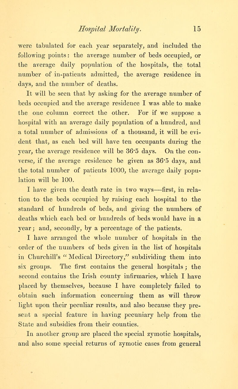 were tabulated for each year separately;, and included the following points: the average number of beds occupied^ or the average daily population of the hospitals^ the total number of in-patients admitted^ the average residence in dayS;, and the number of deaths. It will be seen that by asking for the average number of beds occupied and the average residence I was able to make the one column correct the other. For if we suppose a hospital with an average daily population of a hundred, and a total number of admissions of a thousand, it will be evi- dent that, as each bed will have ten occupants during the year, the average residence will be 36'5 days. On the con- verse, if the average residence be given as 36 5 days, and the total number of patients 1000, the average daily popu- lation will be 100. I have given the death rate in two ways—first, in rela- tion to the beds occupied by raising each hospital to the standard of hundreds of beds, and giving the numbers of deaths which each bed or hundreds of beds would have in a year; and, secondly, by a percentage of the patients. I have arranged the whole number of hospitals in the order of the numbers of beds given in the list of hospitals in Churchiirs  Medical Directory,^^ subdividing them into six groups. The first contains the general hospitals ; the second contains the Irish county infirmaries, which I have placed by themselves, because I have completely failed to obtain such information concerning them as will throw light upon their peculiar results, and also because they pre- sent a special feature in having pecuniary help from the State and subsidies from their counties. In another group are placed the special zymotic hospitals, and also some special returns of zymotic cases from general