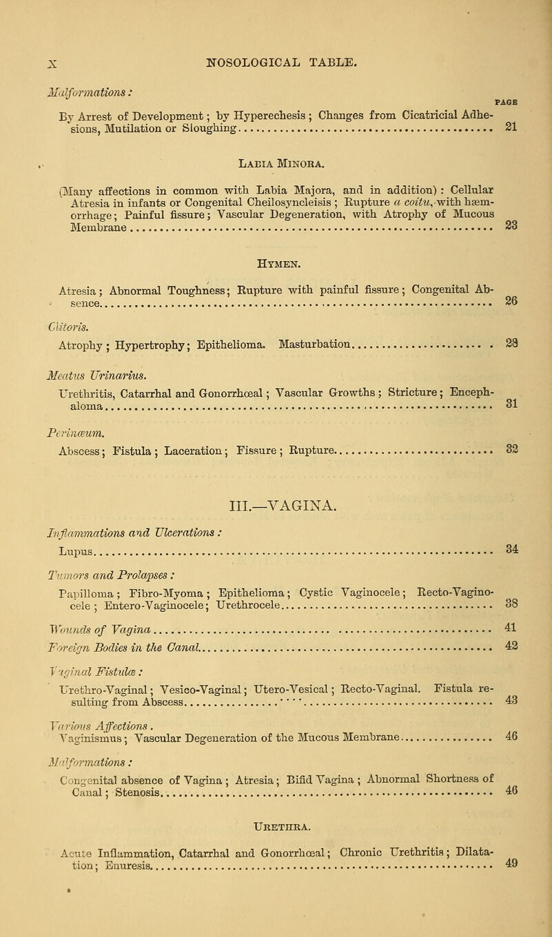 Malformations : PAGE By Arrest of Development; by Hyperechesis ; Changes from Cicatricial Adhe- sions, Mutilation or Sloughing 21 Labia Minoka. (Many affections in common with Labia Majora, and in addition) : Cellular Atresia in infants or Congenital Cheilosyncleisis ; Rupture a coitu^withhsem- orrhage; Painful fissure; Vascular Degeneration, with Atrophy of Mucous Membrane 23 Hymen. Atresia; Abnormal Toughness; Rupture with painful fissure; Congenital Ab- 26 Clitoris. Atrophy ; Hypertrophy; Epithelioma. Masturbation 28 Meatus TTrinarius. Urethritis, Catarrhal and Gonorrhceal; Vascular Growths ; Stricture; Enceph- aloma 31 Perinmum. Abscess; Fistula ; Laceration; Fissure ; Rupture 32 III.—VAGINA. Inflammations and Ulcerations: Lupus 34 Tumors and Prolapses : Papilloma ; Fibro-Myoma ; Epithelioma; Cystic Vaginocele; Recto-Vagino- cele ; Entero-Vaginocele; Urethrocele 38 Wounds of Vagina 41 Foreign Bodies in the Canal. 42 y vjinal Fistul(B : Urethro-Vaginal; Vesico-Vaginal; Utero-Vesical; Recto-Vaginal. Fistula re- sulting from Abscess '''' 43 Various Affections. Vaginismus; Vascular Degeneration of the Mucous Membrane 46 Malformations: Congenital absence of Vagina ; Atresia; Bifid Vagina ; Abnormal Shortness of Canal; Stenosis 46 Ukethka. Acute Inflammation, Catarrhal and Gonorrhceal; Chronic Urethritis; Dilata- tion ; Enuresis 49