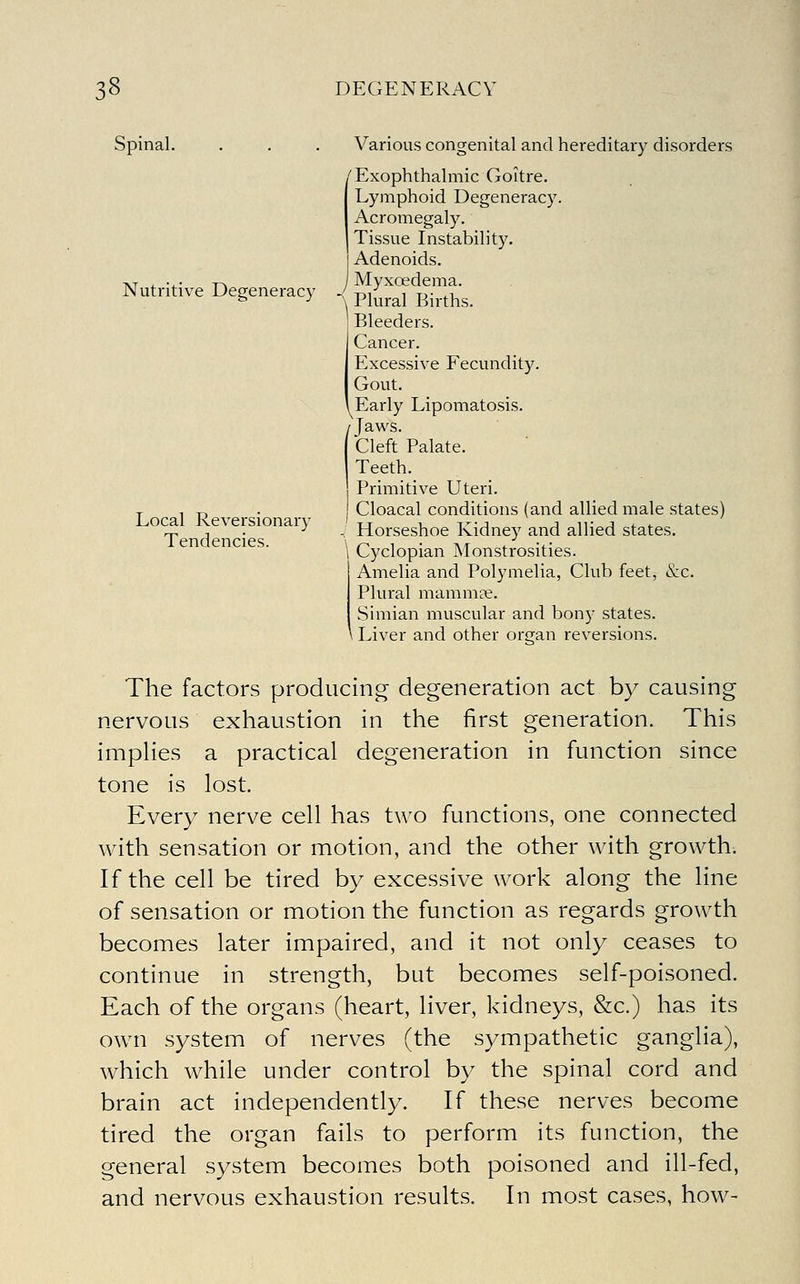 Spinal. Nutritive Degeneracy / p^^^^^ ^.^^^^ Various congenital and hereditary disorders ^Exophthalmic Goitre. Lymphoid Degeneracy. Acromegaly. Tissue Instability. i Adenoids. Myxoedema. Local Reversionary Tendencies. Bleeders. Cancer. Excessive Fecundity. Gout. Early Lipomatosis. / Jaws. Cleft Palate. Teeth. Primitive Uteri. Cloacal conditions (and allied male states) Horseshoe Kidney and allied states. Cyclopian Monstrosities. Amelia and Polymelia, Club feet, &c. Plural mamm?e. Simian muscular and bony states. \ Liver and other orfjan reversions. The factors producing degeneration act by causing nervous exhaustion in the first generation. This impHes a practical degeneration in function since tone is lost. Every nerve cell has two functions, one connected with sensation or motion, and the other with growth. If the cell be tired by excessive work along the line of sensation or motion the function as regards growth becomes later impaired, and it not only ceases to continue in strength, but becomes self-poisoned. Each of the organs (heart, liver, kidneys, &c.) has its own system of nerves (the sympathetic ganglia), which while under control by the spinal cord and brain act independently. If these nerves become tired the organ fails to perform its function, the general system becomes both poisoned and ill-fed, and nervous exhaustion results. In most cases, how-