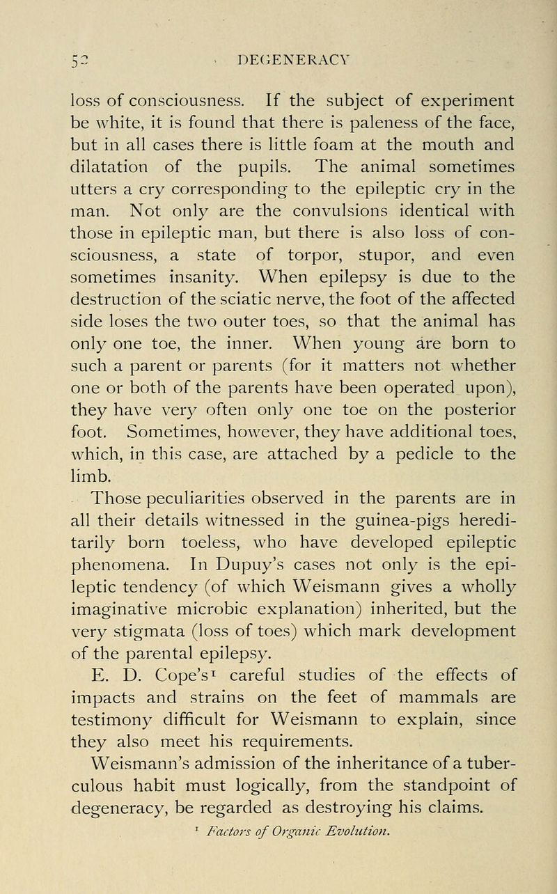 :)- loss of consciousness. If the subject of experiment be white, it is found that there is paleness of the face, but in all cases there is little foam at the mouth and dilatation of the pupils. The animal sometimes utters a cry corresponding to the epileptic cry in the man. Not only are the convulsions identical with those in epileptic man, but there is also loss of con- sciousness, a state of torpor, stupor, and even sometimes insanity. When epilepsy is due to the destruction of the sciatic nerve, the foot of the affected side loses the two outer toes, so that the animal has only one toe, the inner. When young are born to such a parent or parents (for it matters not whether one or both of the parents have been operated upon), they have very often only one toe on the posterior foot. Sometimes, however, they have additional toes, which, in this case, are attached by a pedicle to the limb. Those peculiarities observed in the parents are in all their details witnessed in the guinea-pigs heredi- tarily born toeless, who have developed epileptic phenomena. In Dupuy's cases not only is the epi- leptic tendency (of which Weismann gives a wholly imaginative microbic explanation) inherited, but the very stigmata (loss of toes) which mark development of the parental epilepsy. E. D. Cope's^ careful studies of the effects of impacts and strains on the feet of mammals are testimony difficult for Weismann to explain, since they also meet his requirements. Weismann's admission of the inheritance of a tuber- culous habit must logically, from the standpoint of degeneracy, be regarded as destroying his claims. ^ Factors of Organic Evolutioti.