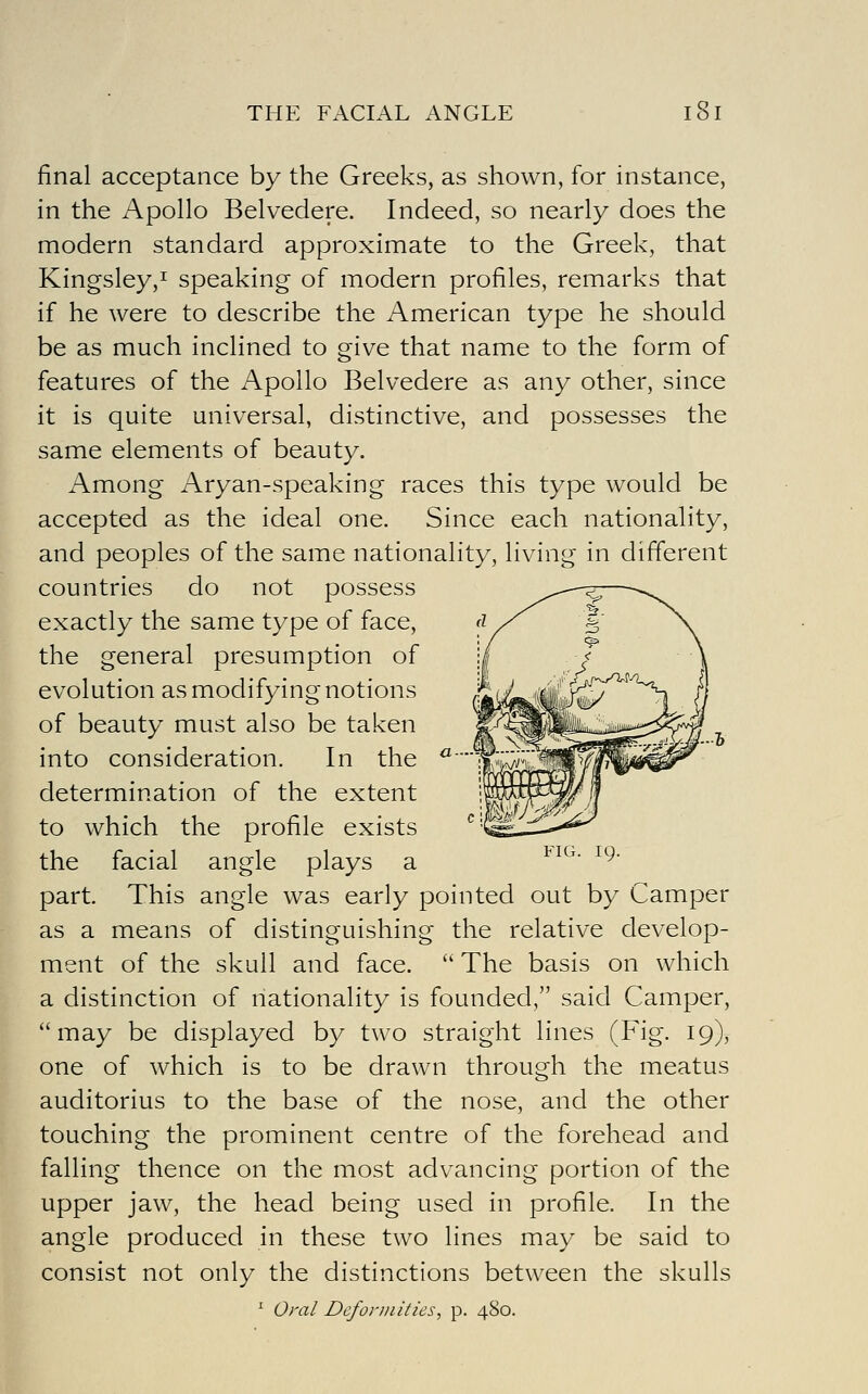 final acceptance by the Greeks, as shown, for instance, in the Apollo Belvedere. Indeed, so nearly does the modern standard approximate to the Greek, that Kingsley,! speaking of modern profiles, remarks that if he were to describe the American type he should be as much inclined to give that name to the form of features of the Apollo Belvedere as any other, since it is quite universal, distinctive, and possesses the same elements of beauty. Among Aryan-speaking races this type would be accepted as the ideal one. Since each nationality, and peoples of the same nationality, living in different countries do not possess exactly the same type of face, the general presumption of evolution as modifying notions of beauty must also be taken into consideration. In the ^ determination of the extent to which the profile exists the facial angle plays a part. This angle was early pointed out by Camper as a means of distinguishing the relative develop- ment of the skull and face.  The basis on which a distinction of nationality is founded, said Camper, may be displayed by two straight lines (Fig. 19), one of which is to be drawn through the meatus auditorius to the base of the nose, and the other touching the prominent centre of the forehead and falling thence on the most advancing portion of the upper jaw, the head being used in profile. In the angle produced in these two lines may be said to consist not only the distinctions between the skulls ^ Oral Dcfonnities, p. 480. FIG. 19.