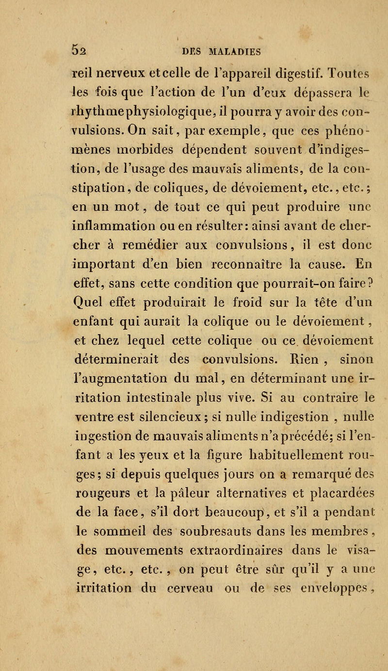 ïeil nerveux et celle de l'appareil digestif. Toutes les fois que l'action de l'un d'eux dépassera le rhythniephysiologique, il pourra y avoir des con- vulsions. On sait, par exemple, que ces phéno- mènes morbides dépendent souvent d'indiges- tion, de l'usage des mauvais aliments, de la con- stipation, de coliques, de dévoiement, etc., etc. ; en un mot, de tout ce qui peut produire une inflammation ou en résulter: ainsi avant de cher- cher à remédier aux convulsions, il est donc important d'en bien reconnaître la cause. En effet, sans cette condition que pourrait-on faire? Quel effet produirait le froid sur la tête d'un enfant qui aurait la colique ou le dévoiement, et chez lequel cette colique ou ce dévoiement déterminerait des convulsions. Rien , sinon l'augmentation du mal, en déterminant une ir- ritation intestinale plus vive. Si au contraire le ventre est silencieux; si nulle indigestion , nulle ingestion de mauvais aliments n'a précédé; si l'en- fant a les yeux et la figure habituellement rou- ges; si depuis quelques jours on a remarqué des rougeurs et la pâleur alternatives et placardées de la face, s'il dort beaucoup, et s'il a pendant le sommeil des soubresauts dans les membres, des mouvements extraordinaires dans le visa- ge, etc. 5 etc., on peut être sûr qu'il y a une irritation du cerveau ou de ses enveloppes,