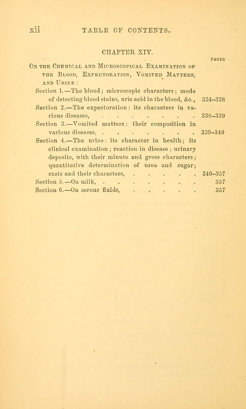 CHAPTER XIV. On the Chemical and Microscopical Examination of the Blood, Expectoration, Vomited Matters, and Urine : Section 1.—The blood ; microscopic characters; mode of detecting blood stains, uric acid in the blood, &c., 334-338 Section 2.—The expectoration : its characters in va- rious diseases, Section 3.—Vomited matters : their composition in various diseases, ....... Section 4.—The urine : its character in health; its clinical examination ; reaction in disease ; urinary deposits, with their minute and gross characters ; quantitative determination of urea and sugar; casts and their characters, ..... Section 5.—On milk, Section 6.—On serous fluids, . . . . . 338-339 339-340 340-357 357 357