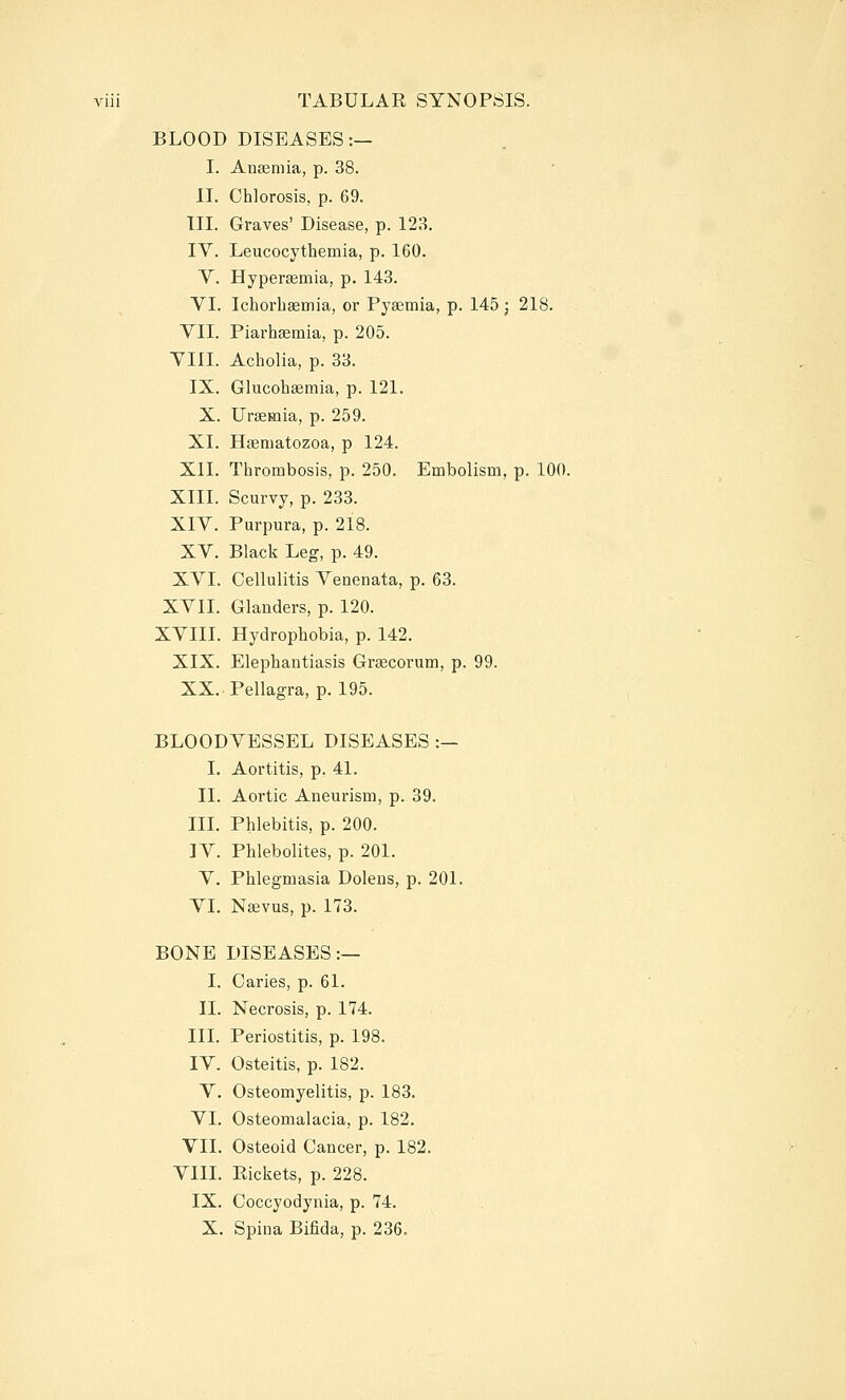 BLOOD DISEASES:— I. Anaemia, p. 38. II. Chlorosis, p. 69. III. Graves' Disease, p. 123. lY. Leucocythemia, p. 160. Y. Hypersemia, p. 143. YI. Ichorhsemia, or Pyasmia, p. 145 ; 218. YII. Piarhsemia, p. 205. YIII. Acholia, p. 33. IX. Glucohaemia, p. 121. X. Ursemia, p. 259. XI. Hagmatozoa, p 124. XII. Thrombosis, p. 250. Embolism, p. 100. XIII. Scurvy, p. 233. XIY. Purpura, p. 218. XY. Black Leg, p. 49. XYI. Cellulitis Yenenata, p. 63. XYII. Glanders, p. 120. XYIII. Hydrophobia, p. 142. XIX. Elephantiasis Graecorum, p. 99. XX. Pellagra, p. 195. BLOODYESSEL DISEASES :— I. Aortitis, p. 41. II. Aortic Aneurism, p. 39. III. Phlebitis, p. 200. lY. Phlebolites, p. 201. Y. Phlegmasia Doleus, p. 201. YI. Naevus, p. 173. BONE DISEASES:— I. Caries, p. 61. II. Necrosis, p. 174. III. Periostitis, p. 198. lY. Osteitis, p. 182. Y. Osteomyelitis, p. 183. YI. Osteomalacia, p. 182. VII. Osteoid Cancer, p. 182. YIII. Eickets, p. 228. IX. Coccyodynia, p. 74. X. Spina Bifida, p. 236.