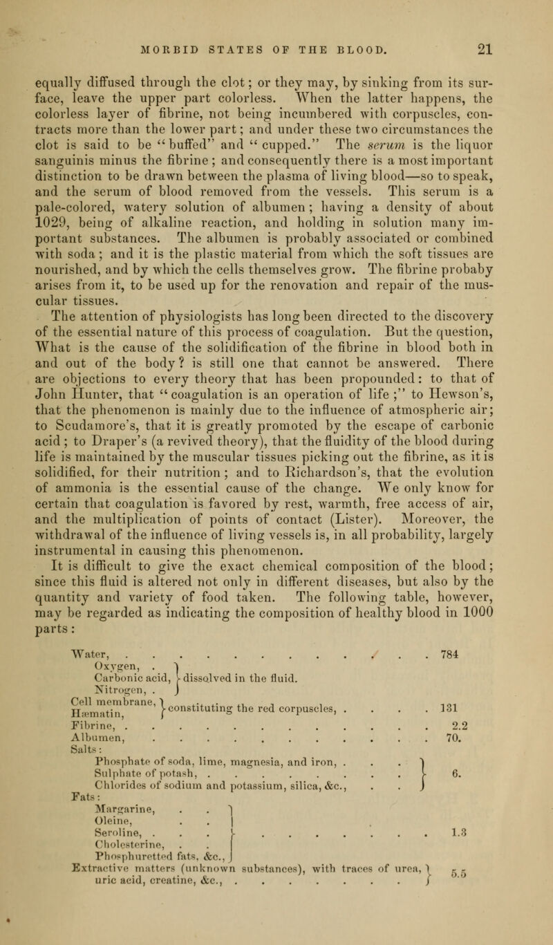 equally diffused througli the clot; or they may, by sinking from its sur- face, leave the upper part colorless. When the latter happens, the colorless layer of fibrine, not being incumbered with corpuscles, con- tracts more than the lower part; and under these two circumstances the clot is said to be buffed and cupped. The serum is the liquor sanguinis minus the fibrine; and consequently there is a most important distinction to be drawn between the plasma of living blood—so to speak, and the serum of blood removed from the vessels. This serum is a pale-colored, watery solution of albumen ; having a density of about 1029, being of alkaline reaction, and holding in solution many im- portant substances. The albumen is probably associated or combined with soda; and it is the plastic material from which the soft tissues are nourished, and by which the cells themselves grow. The fibrine probaby arises from it, to be used up for the renovation and repair of the mus- cular tissues. . The attention of physiologists has long been directed to the discovery of the essential nature of this process of coagulation. But the question, What is the cause of the solidification of the fibrine in blood both in and out of the body ? is still one that cannot be answered. There are objections to every theory that has been propounded: to that of John Hunter, that coagulation is an operation of life ; to Hewson's, that the phenomenon is mainly due to the influence of atmospheric air; to Scudamore's, that it is greatly promoted by the escape of carbonic acid ; to Draper's (a revived theory), that the fluidity of the blood during life is maintained by the muscular tissues picking out the fibrine, as it is solidified, for their nutrition; and to Richardson's, that the evolution of ammonia is the essential cause of the change. We only know for certain that coagulation is favored by rest, warmth, free access of air, and the multiplication of points of contact (Lister). Moreover, the withdrawal of the influence of living vessels is, in all probability, largely instrumental in causing this phenomenon. It is difficult to give the exact chemical composition of the blood; since this fluid is altered not only in different diseases, but also by the quantity and variety of food taken. The following table, however, may be regarded as indicating the composition of healthy blood in 1000 parts: Water, 784 Oxygen, . ^ Carbonic acid, l dissolved in the fluid. Nitrogen, . j Cell mennbrane, 1 ^., ,• ^i , , ioi Hsematin )■ constituting the red corpuscles, . . . .131 Fibrine, 2.2 Albumen, 70. Salts: Phosphate of soda, lime, magnesia, and iron, . Sulphate of potash, Chlorides of sodium and potassium, silica, &c., Fats: Margarine, . . ^ Oleine, . . | Seroline, . . . j- ....... 1.3 Cholesterine, Phosphurcttod fats, &c., j Extractive matters (unknown substances), with traces of urea, ) r r uric acid, creatine, &c., . . . . . . . / ' }