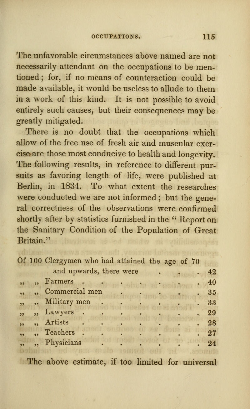 The unfavorable circumstances above named are not necessarily attendant on the occupations to be men- tioned ; for, if no means of counteraction could be made available, it would be useless to allude to them in a work of this kind. It is not possible to avoid entirely such causes, but their consequences may be greatly mitigated. There is no doubt that the occupations which allow of the free use of fresh air and muscular exer- cise are those most conducive to health and longevity. The following results, in reference to different pur- suits as favoring length of life, were published at Berlin, in 1834. To what extent the researches were conducted we are not informed; but the gene- ral correctness of the observations were confirmed shortly after by statistics furnished in the  Report on the Sanitary Condition of the Population of Great Britain. Of 100 Clergymen who had attained the age of 70 and upwards, there were „ ,, Farmers ,, „ Commercial men „ „ Military men ?! a Lawyers Artists Teachers Physicians 42 40 35 33 29 28 27 24 The above estimate, if too limited for universal