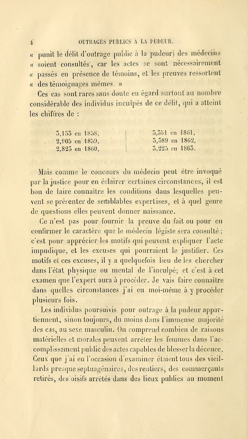 « punit le délit d'outrage public à la pudeur) des médecins « soient consultés, car les actes se sont nécessairement « passés en présence de témoins, et les preuves ressortent « des témoignages mêmes, » Ces cas sont rares sans doute eu égard surtout au nombre considérable des individus inculpés de ce délit, qui a atteint les chiffres de : 5,155 en 1858, 1 5,551 en 1861, . 2,905 en'1859, . 5,389 en 1862, 2,825 en 1860, | 5,225 en 1865. Mais comme le concours du médecin peut être invoqué par la justice pour en éclairer certaines circonstances, il est bon de faire connaître les conditions dans lesquelles peu- vent se prétenter de semblables expertises, et à quel genre de questions elles peuvent donner naissance. Ce n'est pas pour fournir la preuve du fait ou pour en confirmer le caractère que le médecin légiste sera consulté ; c'est pour apprécier les motifs qui peuvent expliquer l'acte impudique, et les excuses qui pourraient le justifier. Ces motifs et ces excuses, il y a quelquefois lieu de les chercher dans l'état physique ou mental de l'inculpé; et c'est à cet examen cpie l'expert aura à procéder. Je vais faire connaître dans quelles circonstances j'ai eu moi-même à y procéder plusieurs fois. Les individus poursuivis pour outrage à la pudeur appar- tiennent, sinon toujours, du moins dans l'immense majorité des cas, au sexe masculin. On comprend combien de raisons matérielles et morales peuvent arrêter les femmes dans l'ac- complissement public des actes capables de blesser la décence. Ceux que j'ai eu l'occasion d'examiner étaient tous des vieil- lards presque septuagénaires, des rentiers, des commerçants retirés, des oisifs arrêtés dans des lieux pubUcs au moment