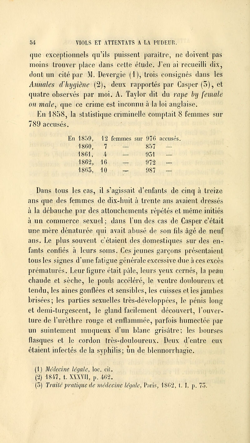 que exceptionnels qu'ils puissent paraître, ne doivent pas moins trouver place dans cette étude. J'en ai recueilli dix, dont un cité par M. Devergie (1), trois consignés dans les Annales d'hygiène (2), deux rapportés par Casper(3),et quatre observés par moi. A. Taylor dit du râpe hy female on maie, que ce crime est inconnu à la loi anglaise. En 1858, la statistique criminelle comptait 8 femmes sur 789 accusés. En 1859, 12 femmes sm^ 976 accusés. 1860, 7 — 857 — 1861, 4 — 931 — 1862, 16 — 972 — 1865, 10 — 987 — Dans tous les cas, il s'agissait d'enfants de cinq à treize ans que des femmes de dix-huit à trente ans avaient dressés à la débauche par des attouchements répétés et même initiés à un commerce sexuel ; dans l'un des cas de Casper c'était une mère dénaturée qui avait abusé de son fils âgé de neuf ans. Le plus souvent c'étaient des domestiques sur des en- fants confiés à leurs soms. Ces jeunes garçons présentaient tous les signes d'une fatigue générale excessive due à ces excès prématurés. Leur figure était pâle, leurs yeux cernés, la peau chaude et sèche, le pouls accéléré, le ventre douloureux et tendu, les aines gonflées et sensibles, les cuisses et les jambes brisées; les parties sexuelles très-développées, le pénis long et demi-turgescent, le gland facilement découvert, l'ouver- ture de l'urèthre rouge et enflammée, parfois humectée par un suintement muqueux d'un blanc grisâtre; les bourses flasques et le cordon très-douloureux. Deux d'entre eux étaient infectés de la syphihs; un de blennorrhagie. (1) Médecine légale, loc. cit. (2) 18/t7, t. XXXVII, p. 402. (3) Traité pratique de médecine légale, Pnris, 1862, t. I, p. 75.