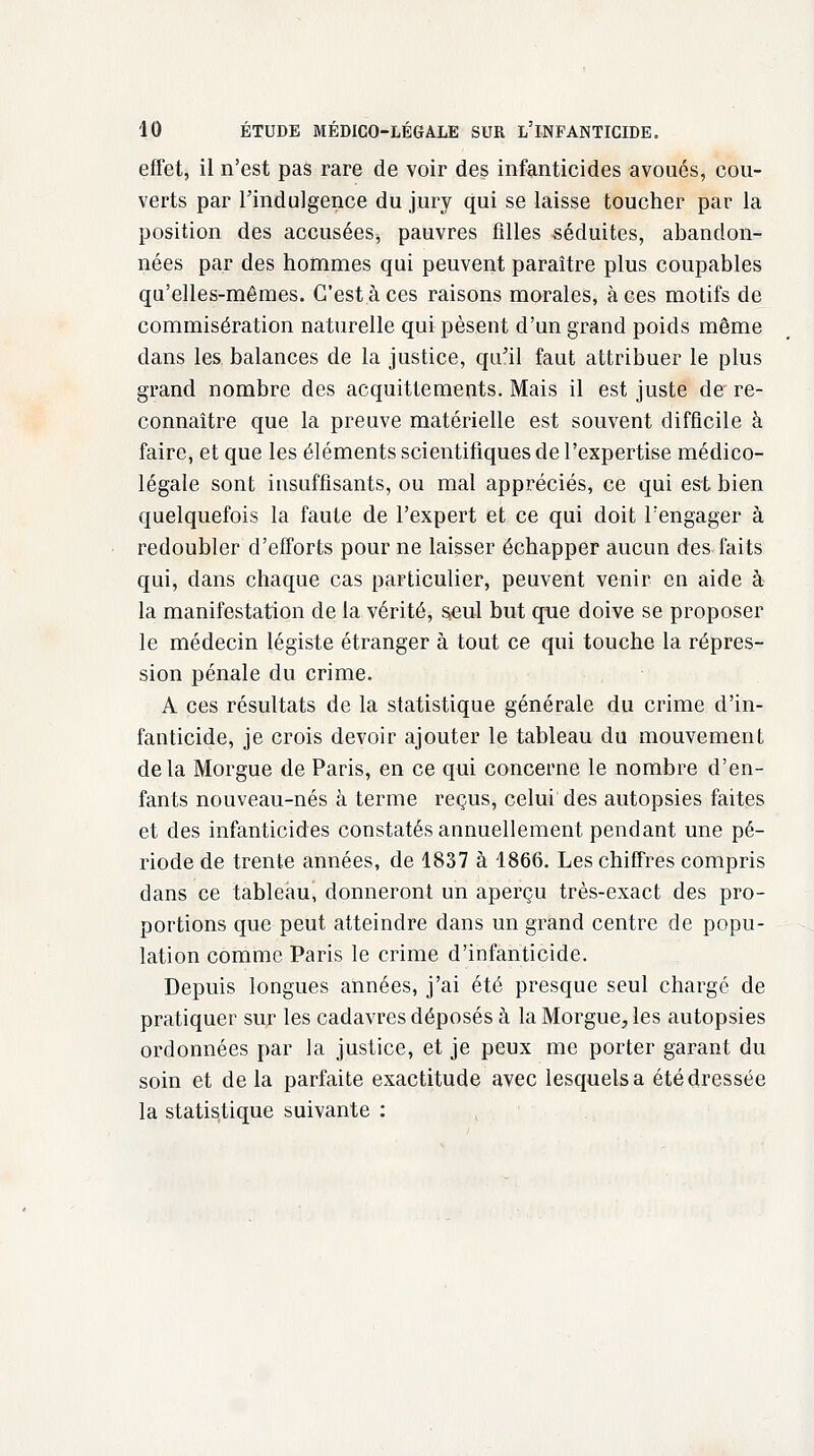 effet, il n'est pas rare de voir des infanticides avoués, cou- verts par l'indulgence du jury qui se laisse toucher par la position des accusées, pauvres filles séduites, abandon- nées par des hommes qui peuvent paraître plus coupables qu'elles-mêmes. C'est à ces raisons morales, à ces motifs de commisération naturelle qui pèsent d'un grand poids même dans les balances de la justice, qu'il faut attribuer le plus grand nombre des acquittements. Mais il est juste de re- connaître que la preuve matérielle est souvent difficile à faire, et que les éléments scientifiques de l'expertise médico- légale sont insuffisants, ou mal appréciés, ce qui est bien quelquefois la faute de l'expert et ce qui doit l'engager à redoubler d'efforts pour ne laisser échapper aucun des faits qui, dans chaque cas particulier, peuvent venir en aide à la manifestation de la vérité, seul but que doive se proposer le médecin légiste étranger à tout ce qui touche la répres- sion pénale du crime. A ces résultats de la statistique générale du crime d'in- fanticide, je crois devoir ajouter le tableau du mouvement de la Morgue de Paris, en ce qui concerne le nombre d'en- fants nouveau-nés à terme reçus, celui des autopsies faites et des infanticides constatés annuellement pendant une pé- riode de trente années, de 1837 à 1866. Les chiffres compris dans ce tableau, donneront un aperçu très-exact des pro- portions que peut atteindre dans un grand centre de popu- lation comme Paris le crime d'infanticide. Depuis longues années, j'ai été presque seul chargé de pratiquer sur les cadavres déposés à la Morgue, les autopsies ordonnées par la justice, et je peux me porter garant du soin et de la parfaite exactitude avec lesquels a été dressée la statistique suivante :