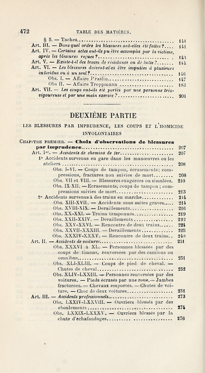 § 5. — Taches jjl Art. III. — Dans quel ordre les blessure* ont-elles été faites? l&{ Art. IV. — Certains actes ont-ils pu être accomplis par la victime, après les blessures reçues ? 14i Art. V. — Existe-t-il des traces de résistance ou de lutte ? 144 Art. VI. — Les blessures doivent-elles être imputées à plusieurs individus ou à un seul? I4§ Obs. I. — Affaire Praslin 147 Obs II. — Affaire Troppmann IS'S Art. VII. — Les coups ont-ils été portés par une personne très- vigoureuse et par une main exercée ? 201 DEUXIÈME PARTIE LES BLESSURES PAR IMPRUDENCE, LES COUPS ET l'hOMICIDE INVOLONTAIRES Chapitre premier. — Choix d'observations de blessures par iinprodcnce 207 Art. 1er. — Accidents de chemins de fer 207 i° Accidents survenus en gare dans les manœuvres ou les ateliers 208 Obs. I—VI. — Coups de tampon, écrasements; com- pressions, fractures non suivies de mort 208 Obs. VII et VIII.— Blessures exagérées ou simulées. 210 Obs. IX-XII. —Ecrasements, coups de tampon; com- pressions suivies de mort 213 2° Accidents survenus à des trains en marche 214 Obs. XIII-XVII. — Accidents sans suites graves 214 Obs. XVIII-XIX. — Déraillements 216 Obs. XX-XXI. — Trains tamponnés 219 Obs. XXII-XXIV. — Déraillements 222 Obs. XXV-XXVI. — Rencontre de deux trains 224 Obs. XXVU-XXXIII. — Déraillements 225 Obs. XXXIV-XXXV. — Rencontre de deux trains.. 240 Art. II. — Accidents de voilures 231 Obs. XXXVI à XL. — Personnes blessées par des coups de timons, renversées par des camions ou omnibus 251 Obs. XLI-XLIII. — Coups de pied de cheval. — Chutes de cheval 252 Obs. XLIV-LXXIII. — Personnes renversées par des voitures. — Pieds écrasés par une roue.— Jambes fracturées. — Chevaux emportés. —Chutes de voi- ture. — Choc de deux voitures 251 Art. III. — Accidents professionnels 273 Obs. LXXIV-LXXVIII. — Ouvriers blessés par des éboulements 274 Obs. LXXIX-LXXXV. — Ouvriers blessés par la chute d'échafaudages 276