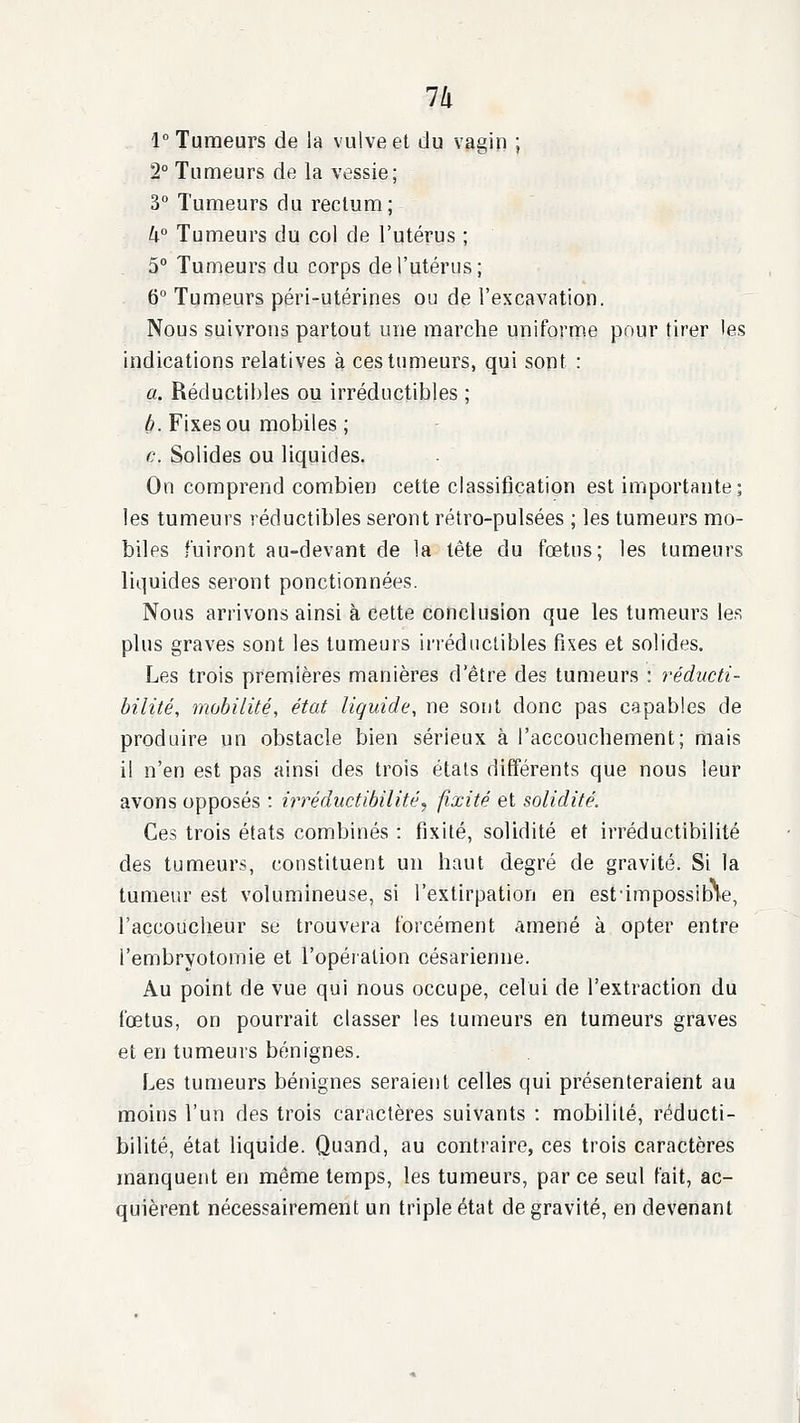 1 Tumeurs de la vulve et du vagin ; 2° Tumeurs de la vessie; 3° Tumeurs du rectum; k° Tumeurs du coi de l'utérus ; 5° Tumeurs du corps de l'utérus; 6° Tumeurs péri-utérines ou de l'excavation. Nous suivrons partout une marche uniforme pour tirer les indications relatives à ces tumeurs, qui sont : a. Réductibles ou irréductibles ; b. Fixes ou mobiles ; c. Solides ou liquides. On comprend combien cette classification est importante; les tumeurs réductibles seront rétro-pulsées ; les tumeurs mo- biles fuiront au-devant de 1a tête du fœtus; les tumeurs liquides seront ponctionnées. Nous arrivons ainsi à cette conclusion que les tumeurs les plus graves sont les tumeurs iri'édnctibles fixes et solides. Les trois premières manières d'être des tumeurs : réducti- bilité, mobilité, état liquide, ne sont donc pas capables de produire un obstacle bien sérieux à l'accouchement; mais il n'en est pas ainsi des trois étals différents que nous leur avons opposés : irréductibilité, fixité et solidité. Ces trois états combinés : fixité, solidité et irréductibilité des tumeurs, constituent un haut degré de gravité. Si la tumeur est volumineuse, si l'extirpation en estimpossibie, l'accoucheur se trouvera forcément amené à opter entre l'embryotomie et l'opération césarienne. Au point de vue qui nous occupe, celui de l'extraction du fœtus, on pourrait classer les tumeurs en tumeurs graves et en tumeurs bénignes. Les tumeurs bénignes seraient celles qui présenteraient au moins l'un des trois caractères suivants : mobilité, réducti- bilité, état liquide. Quand, au contraire, ces trois caractères manquent en même temps, les tumeurs, par ce seul fait, ac- quièrent nécessairement un triple état de gravité, en devenant