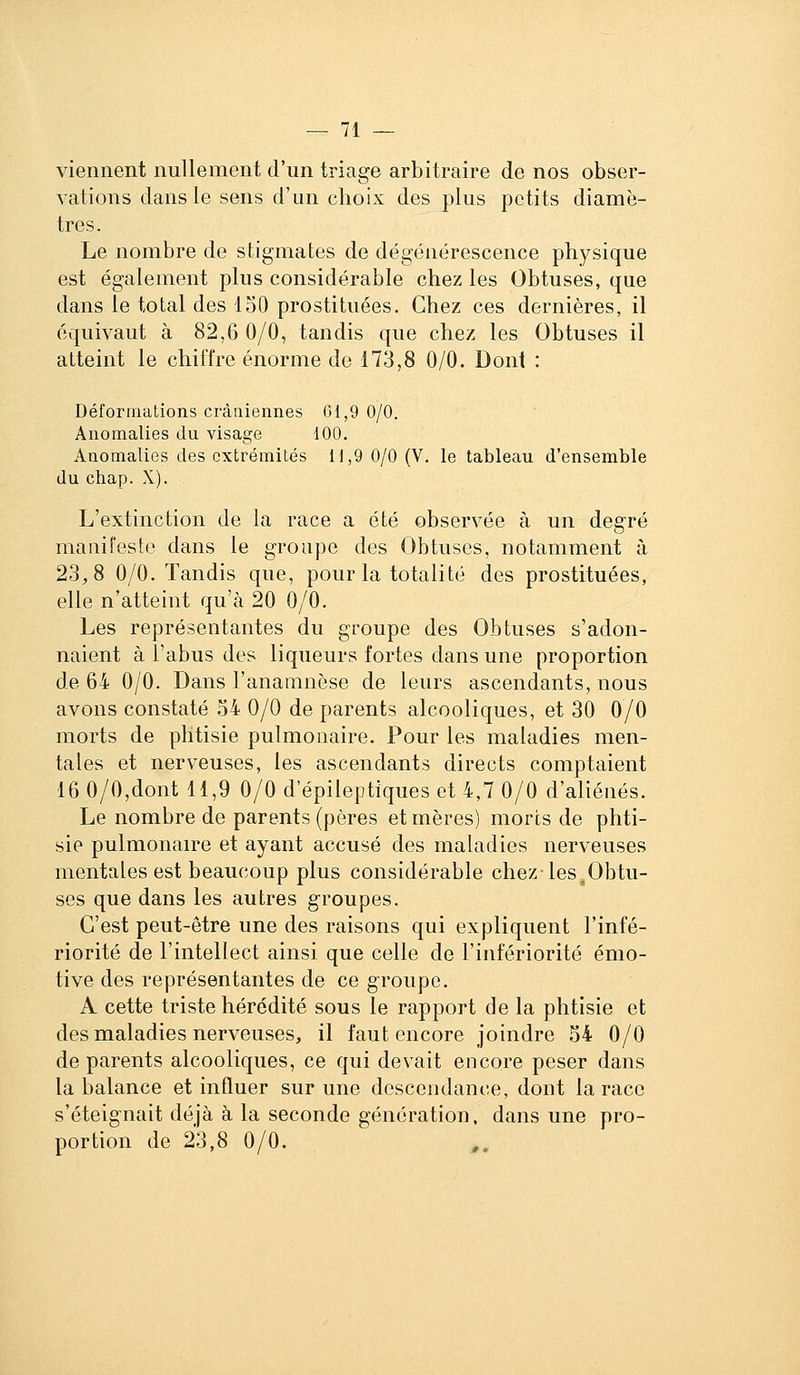 viennent nullement d'un triage arbitraire de nos obser- vations dans le sens d'un clioix des plus petits diamè- tres. Le nombre de stigmates de dégénérescence physique est également plus considérable chez les Obtuses, que dans le total des 150 prostituées. Chez ces dernières, il équivaut à 82,6 0/0, tandis que chez les Obtuses il atteint le chiffre énorme de 173,8 0/0. Dont : Déformations crâniennes 01,9 0/0. Anomalies du visage 100. Anomalies des extrémités 11,9 0/0 (V. le tableau d'ensemble du chap. X). L'extinction de la race a été observée à un degré manifeste dans le groupe des Obtuses, notamment à 23,8 0/0. Tandis que, pour la totalité des prostituées, elle n'atteint qu'à 20 0/0. Les représentantes du groupe des Obtuses s'adon- naient à l'abus des liqueurs fortes dans une proportion de 64 0/0. Dans l'anamnèse de leurs ascendants, nous avons constaté 54 0/0 de parents alcooliques, et 30 0/0 morts de phtisie pulmonaire. Pour les maladies men- tales et nerveuses, les ascendants directs comptaient 16 0/0,dont 11,9 0/0 d'épileptiques et 4,7 0/0 d'aliénés. Le nombre de parents (pères et mères) morts de phti- sie pulmonan-e et ayant accusé des maladies nerveuses mentales est beaucoup plus considérable chez les,Obtu- ses que dans les autres groupes. C'est peut-être une des raisons qui expliquent l'infé- riorité de l'intellect ainsi que celle de l'infériorité émo- tive des représentantes de ce groupe. A cette triste hérédité sous le rapport de la phtisie et des maladies nerveuses, il faut encore joindre 54 0/0 de parents alcooliques, ce qui devait encore peser dans la balance et influer sur une descendance, dont la race s'éteignait déjà à la seconde génération, dans une pro- portion de 23,8 0/0.