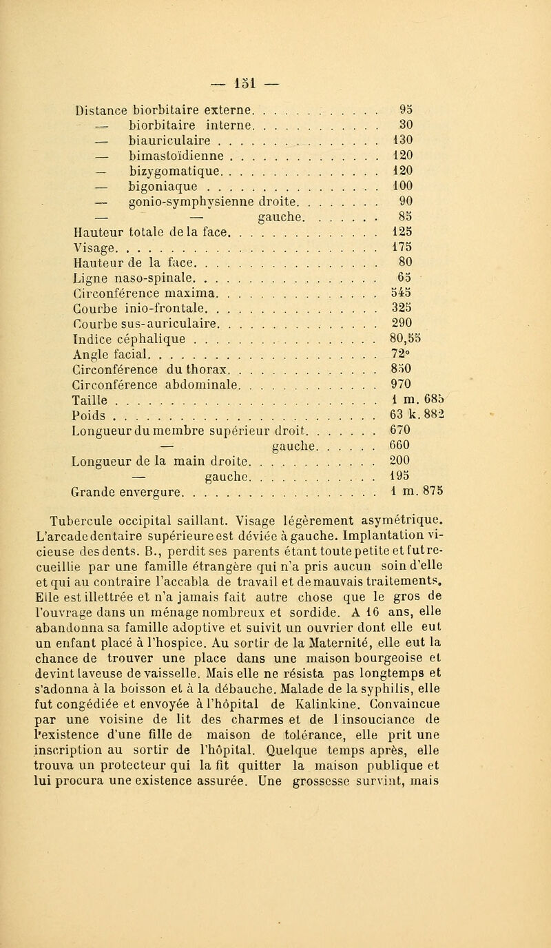 — loi — Distance biorbitaire externe 95 — biorbitaire interne 30 — biauriculaire 130 — bimastoïdienne 120 — bizygomatique 120 — bigoniaque 100 — gonio-symphysienne droite 90 — — gauche 85 Hauteur totale de la face 125 Visage 175 Hauteur de la face 80 Ligne naso-spinale 65 Circonférence maxima 545 Courbe inio-frontale 325 Courbe sus-auriculaire 290 Indice céphalique 80,55 Angle facial 72° Circonférence du thorax. 850 Circonférence abdominale 970 Taille 1 m. 685 Poids 63 k. 882 Longueur du membre supérieur droit 670 — gauche 660 Longueur de la main droite 200 — gauche 195 Grande envergure 1 m. 875 Tubercule occipital saillant. Visage légèrement asymétrique. L'arcade dentaire supérieure est déviée à gauche. Implantation vi- cieuse des dents. B., perdit ses parents étant toute petite et fut re- cueillie par une famille étrangère qui n'a pris aucun soin d'elle et qui au contraire l'accabla de travail et de mauvais traitements. Elle est illettrée et n'a jamais fait autre chose que le gros de l'ouvrage dans un ménage nombreux et sordide. A 16 ans, elle abandonna sa famille adoptive et suivit un ouvrier dont elle eut un enfant placé à l'hospice. Au sortir de la Maternité, elle eut la chance de trouver une place dans une maison bourgeoise et devint laveuse de vaisselle. Mais elle ne résista pas longtemps et s'adonna à la boisson et à la débauche. Malade de la syphilis, elle fut congédiée et envoyée à l'hôpital de Kalinkine. Convaincue par une voisine de lit des charmes et de 1 insouciance de l'existence d'une fille de maison de tolérance, elle prit une inscription au sortir de l'hôpital. Quelque temps après, elle trouva un protecteur qui la fît quitter la maison publique et lui procura une existence assurée. Une grossesse survint, mais