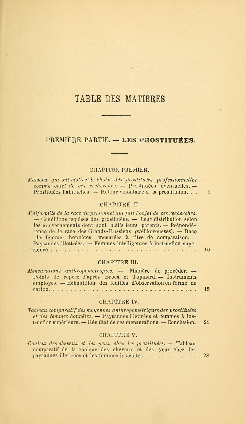 TABLE DES MATIERES PREMIÈRE PARTIE. — LES PROSTITUÉES. CHAPITRE PREMIER. Raisons qui ont nxolivé'le choix' des 'prostituées professionnelles comme objet de ces recherches. — Prostituées éventuelles. — Prostituées habituelles. — Retour volontaire à la prostitution. . . 1 CHAPITRE II. Uniformité de la race du personnel qui fait l'objet de ces recherches. — Conditions requises des prostituées. — Leur distribution selon les gouvernements dont sont natifs leurs parents. — Prépondé- rance de la race des Grands-Russiens (wélikorousses). — Race des femmes honnêtes mesurées à titre de comparaison. — Paysannes illettrées. — Femmes intelligentes à instruction supé- rieure 10 CHAPITRE III. Mensurations anthropométriques. — Manière de procéder. — Points de repère d'après Broca et Topinard. — Instrumenta employés.—Échantillon des feuilles d'observation en forme de carton 15 CHAPITRE IV. Tableau comparatif des moyennes anthropométriques des prostitue'es et des femmes honnêtes. — Paysannes illettrées et femmes à ins- truction supérieure. — Résultat de ces mensurations. — Conclusion. 21 CHAPITRE V. Couleur des cheveux et des yeux chez les prostituées. — Tableau comparatif de la couleur des cheveux et des yeux chez les paysannes illettrées et les femmes instruites 28