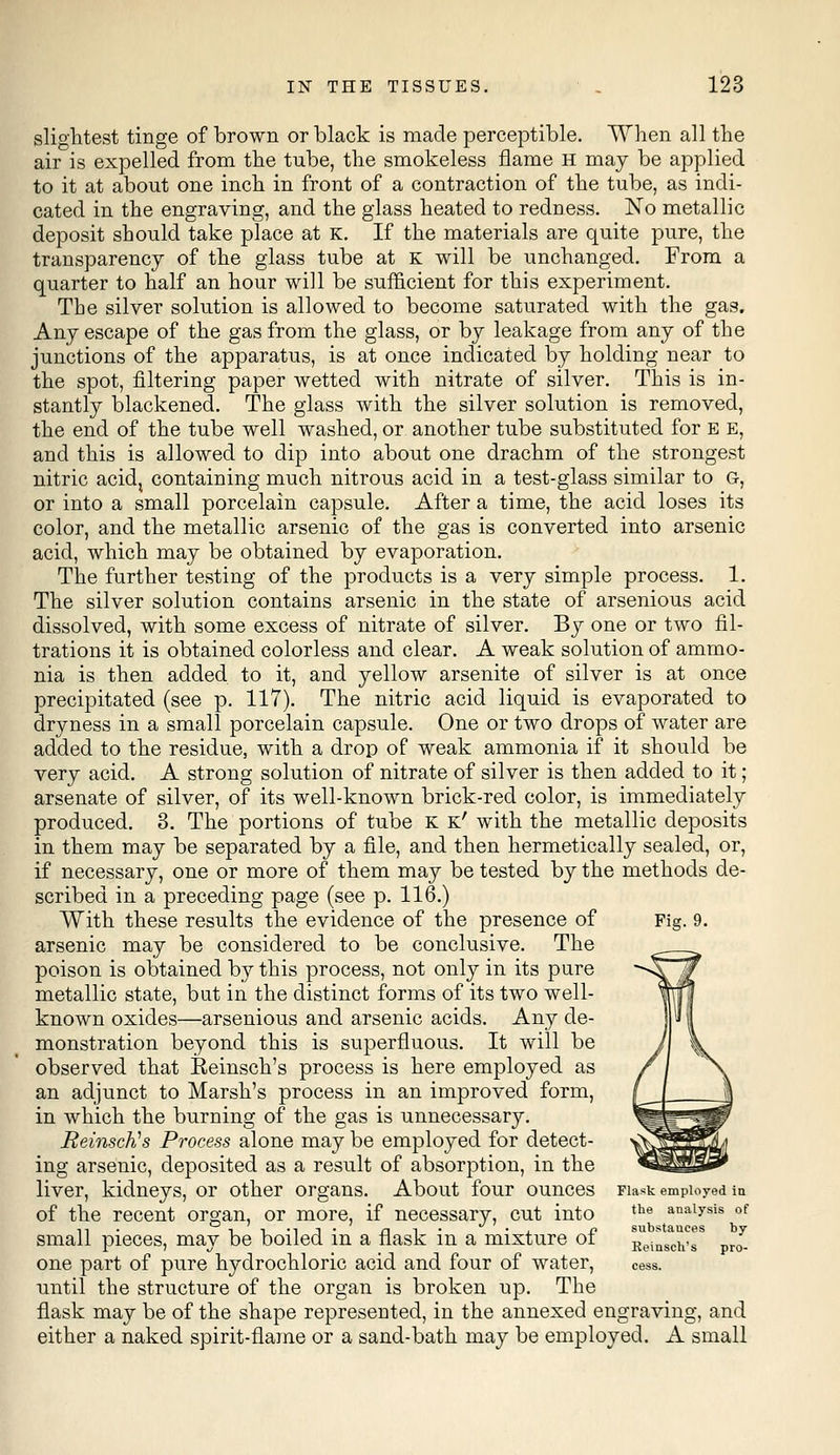 slightest tinge of brown or black is made perceptible. When all the air is expelled from the tube, the smokeless flame H may be applied to it at about one inch in front of a contraction of the tube, as indi- cated in the engraving, and the glass heated to redness. No metallic deposit should take place at K. If the materials are quite pure, the transparency of the glass tube at K will be unchanged. From a quarter to half an hour will be sufficient for this experiment. The silver solution is allowed to become saturated with the gas. Any escape of the gas from the glass, or by leakage from any of the junctions of the apparatus, is at once indicated by holding near to the spot, filtering paper wetted with nitrate of silver. This is in- stantly blackened. The glass with the silver solution is removed, the end of the tube well washed, or another tube substituted for E E, and this is allowed to dip into about one drachm of the strongest nitric acidt containing much nitrous acid in a test-glass similar to G, or into a small porcelain capsule. After a time, the acid loses its color, and the metallic arsenic of the gas is converted into arsenic acid, which may be obtained by evaporation. The further testing of the products is a very simple process. 1. The silver solution contains arsenic in the state of arsenious acid dissolved, with some excess of nitrate of silver. By one or two ni- trations it is obtained colorless and clear. A weak solution of ammo- nia is then added to it, and yellow arsenite of silver is at once precipitated (see p. 117). The nitric acid liquid is evaporated to dryness in a small porcelain capsule. One or two drops of water are added to the residue, with a drop of weak ammonia if it should be very acid. A strong solution of nitrate of silver is then added to it; arsenate of silver, of its well-known brick-red color, is immediately produced. 3. The portions of tube K e7 with the metallic deposits in them may be separated by a file, and then hermetically sealed, or, if necessary, one or more of them may be tested by the methods de- scribed in a preceding page (see p. 116.) With these results the evidence of the presence of Fig. 9. arsenic may be considered to be conclusive. The poison is obtained by this process, not only in its pure metallic state, but in the distinct forms of its two well- known oxides—arsenious and arsenic acids. Any de- monstration beyond this is superfluous. It will be observed that Eeinsch's process is here employed as an adjunct to Marsh's process in an improved form, in which the burning of the gas is unnecessary. Eeinsch's Process alone may be employed for detect- ing arsenic, deposited as a result of absorption, in the liver, kidneys, or other organs. About four ounces Fiask employed in of the recent organ, or more, if necessary, cut into the analysis of small pieces, may be boiled in a flask in a mixture of R^nschv prop- one part of pure hydrochloric acid and four of water, cess, until the structure of the organ is broken up. The flask may be of the shape represented, in the annexed engraving, and either a naked spirit-flame or a sand-bath may be employed. A small