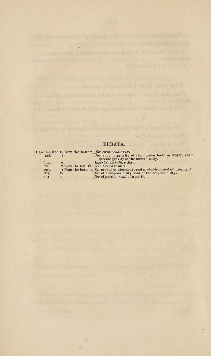 ERRATA. Page 43, line 13 from the bottom, ^or cava read cavae. 153, 3 for specific gravity of the human body in water, read specific gravity of the human body. 167, 8 insert than before that. 269, 7 from the top,^or result read results. 296, 4 from the bottom, for probable interment read probable period of interment. , 334, 18 jTor of a responsibility refflrf of the responsibility. 454, 14 jfor of portion j-efflrf of a portion.