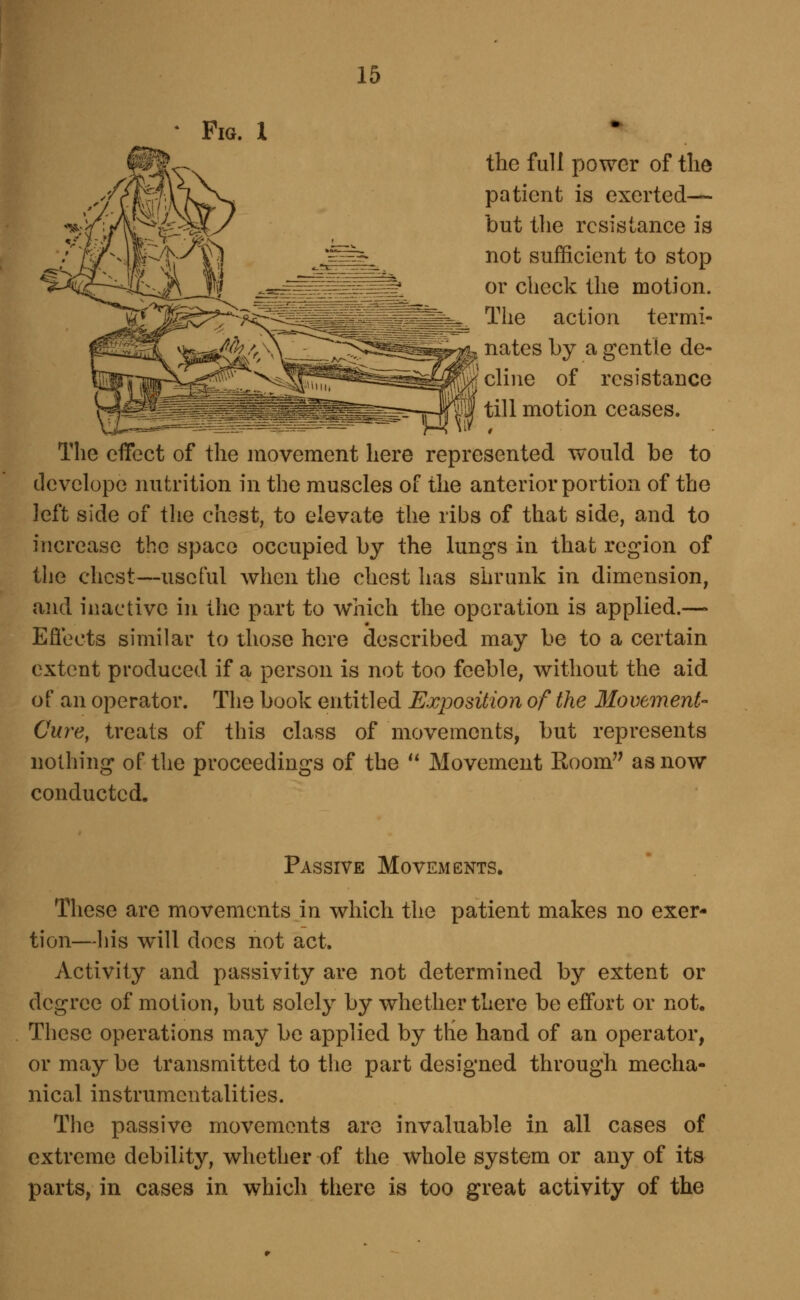 Fig. 1 the full power of tlie patient is exerted— but the resistance is not sufficient to stop or check the motion. The action termi- nates by a gentle de- f^ cline of resistance till motion ceases. The effect of the movement here represented would be to develope nutrition in the muscles of the anterior portion of the left side of the chest, to elevate the ribs of that side, and to increase the space occupied by the lungs in that region of the chest—useful when the chest has shrunk in dimension, and inactive in the part to which the operation is applied.— Effects similar to those here described may be to a certain extent produced if a person is not too feeble, without the aid of an operator. The book entitled Exposition of the Movement- Cure, treats of this class of movements, but represents nothing of the proceedings of the  Movement Room'' as now conducted. Passive Movements. These are movements in which the patient makes no exer- tion—his will does not act. Activity and passivity are not determined by extent or degree of motion, but solely by whether there be effort or not. These operations may be applied by the hand of an operator, or may be transmitted to the part designed through mecha- nical instrumentalities. The passive movements are invaluable in all cases of extreme debility, whether of the whole system or any of its parts, in cases in which there is too great activity of the