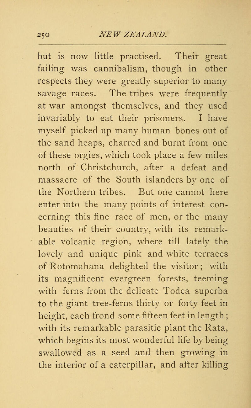 but is now little practised. Their great failing was cannibalism, though in other respects they were greatly superior to many savage races. The tribes were frequently at war amongst themselves, and they used invariably to eat their prisoners. I have myself picked up many human bones out of the sand heaps, charred and burnt from one of these orgies, which took place a few miles north of Christchurch, after a defeat and massacre of the South islanders by one of the Northern tribes. But one cannot here enter into the many points of interest con- cerning this fine race of men, or the many beauties of their country, with its remark- able volcanic region, where till lately the lovely and unique pink and white terraces of Rotomahana delighted the visitor; with its magnificent evergreen forests, teeming with ferns from the delicate Todea superba to the giant tree-ferns thirty or forty feet in height, each frond some fifteen feet in length; with its remarkable parasitic plant the Rata, which begins its most wonderful life by being swallowed as a seed and then growing in the interior of a caterpillar, and after killing