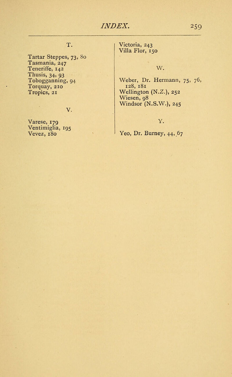 T. Tartar Steppes, 73, 80 Tasmania, 247 Teneriffe, 142 Thusis, 34, 93 Tobogganning, 94 Torquay, 210 Tropics, 21 V. Varese, 179 Ventimiglia, 195 Vevez, 180 Victoria, 243 Villa Flor, 150 W. Weber, Dr. Hermann, 75, 76, 128, 181 Wellington (N.Z.), 252 Wiesen, 98 Windsor (N.S.W.), 245 Yeo, Dr. Burney, 44,.67