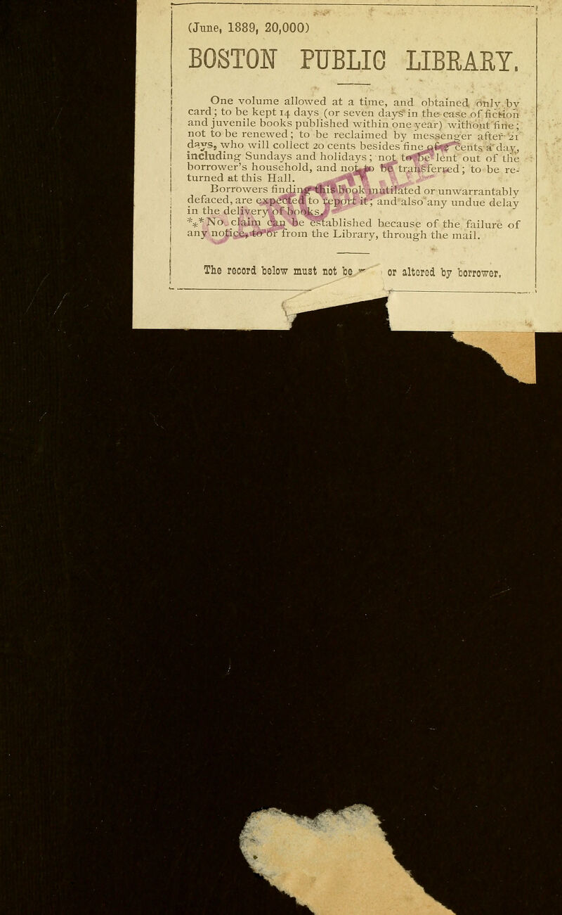 (June, 1889, 20,000) BOSTON PUBLIC LIBRAEY. One volume allowed at a time, and obtained only by card; to be kept 14 days (or seven days in the case of fiction and jtivenile books published within one year) without fine; not to be renewed; to be reclaimed by messenger after'21 daySj who will collect 20 cents besides finejafif^ents a'day, including Sundays and holidays; not ti^mPlent out of the borrower's household, and nojj^ fife'transferred; to be re- turned at this Hall. «fc,*^^' Borrowers findingtli'it*bbok'}nutilated or unwarrantably defaced, are expected to report it; and also any undue delay in the delivery of books,- ***No claim can be established because of the failure of any noticeiiJ^fee'br from the Library, through the mail. The record below must not be i^r, or altered by borrower, V-j