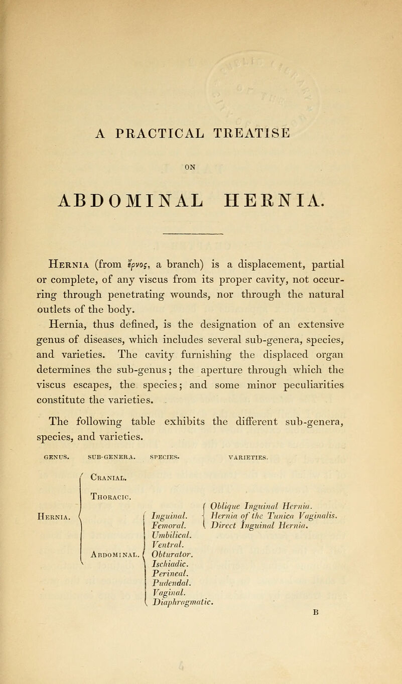 A PRACTICAL TREATISE ON ABDOMINAL HEENIA. Hernia (from epvos, a branch) is a displacement, partial or complete, of any viscus from its proper cavity, not occur- ring through penetrating wounds, nor through the natural outlets of the body. Hernia, thus defined, is the designation of an extensive genus of diseases, which includes several sub-genera, species, and varieties. The cavity furnishing the displaced organ determines the sub-genus; the aperture thi'ough which the viscus escapes, the species; and some minor peculiarities constitute the varieties. The following table exhibits the different sub-genera, species, and varieties. Hernia. SUB-GENERA. SPECIES. VARIETIES. Cranial. Thoracic. ( Oblique Inguinal Hernia. Inguinal. \ Hernia of the Tunica Vaginalis. Femoral. \ Direct Inguinal Hernia. Umbilical. Ventral. Abdominal, t Obturator. Ischiadic. Perineal. Pudendal. Vaginal. , Diaphragmatt i.e.