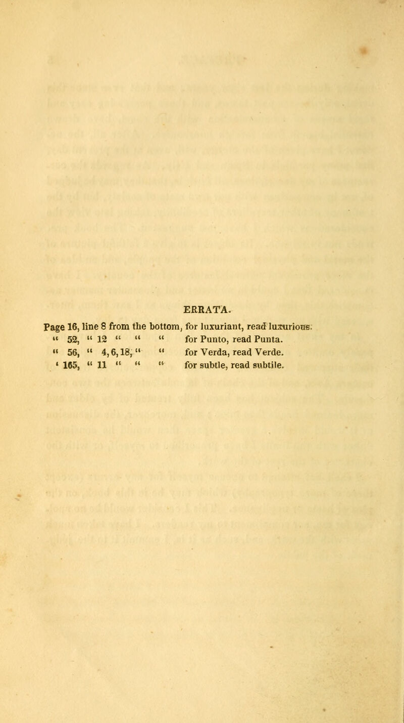 ERRATA. Page 16, line 8 from the bottom, for luxuriant, read luxurious: « 52,  12    for Punto, read Punta.  56,  4,6,18,  for Verda, read Verde. « 165, « 11   * for subtle, read subtile.