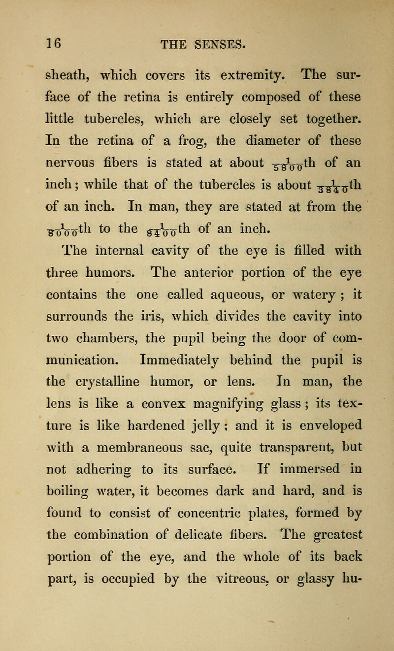 sheath, which covers its extremity. The sur- face of the retina is entirely composed of these little tubercles, which are closely set together. In the retina of a frog, the diameter of these nervous fibers is stated at about -5^Votn °f an inch; while that of the tubercles is about 7¥ViTtn of an inch. In man, they are stated at from the Wootn to tne srVoth °f an inch. The internal cavity of the eye is filled with three humors. The anterior portion of the eye contains the one called aqueous, or watery ; it surrounds the iris, which divides the cavity into two chambers, the pupil being the door of com- munication. Immediately behind the pupil is the crystalline humor, or lens. In man, the lens is like a convex magnifying glass ; its tex- ture is like hardened jelly; and it is enveloped with a membraneous sac, quite transparent, but not adhering to its surface. If immersed in boiling water, it becomes dark and hard, and is found to consist of concentric plates, formed by the combination of delicate fibers. The greatest portion of the eye, and the whole of its back part, is occupied by the vitreous, or glassy hu-