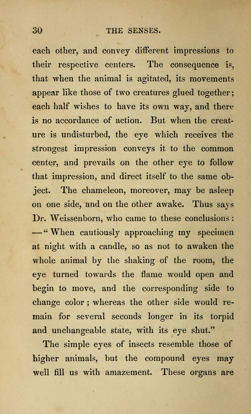 each other, and convey different impressions to their respective centers. The consequence is, that when the animal is agitated, its movements appear like those of two creatures glued together; each half wishes to have its own way, and there is no accordance of action. But when the creat- ure is undisturbed, the eye which receives the strongest impression conveys it to the common center, and prevails on the other eye to follow that impression, and direct itself to the same ob- ject. The chameleon, moreover, may be asleep on one side, and on the other awake. Thus says Dr. Weissenborn, who came to these conclusions : — When cautiously approaching my specimen at night with a candle, so as not to awaken the whole animal by the shaking of the room, the eye turned towards the flame would open and begin to move, and the corresponding side to change color : whereas the other side would re- main for several seconds longer in its torpid and unchangeable state, with its eye shut. The simple eyes of insects resemble those of higher animals, but the compound eyes may well fill us with amazement. These organs are