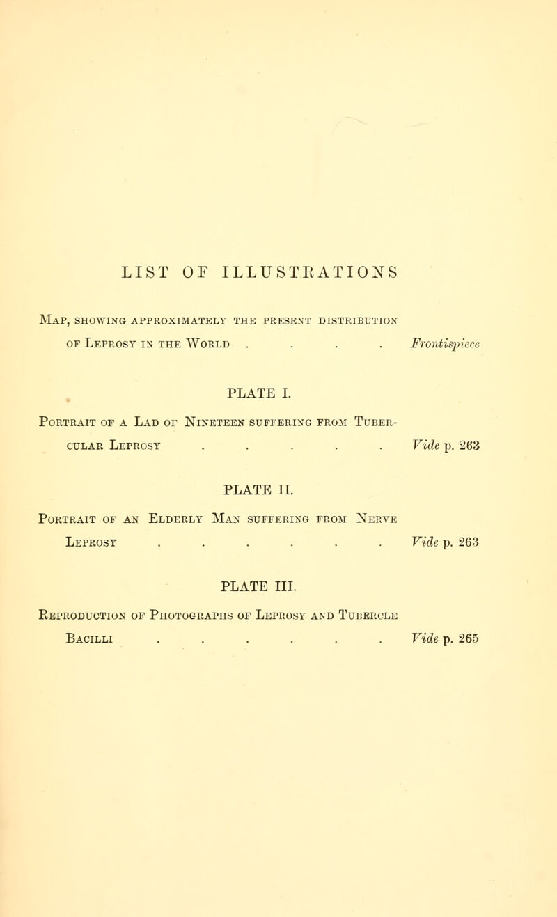 LIST OF ILLUSTRATIONS Map, showing approximately the present distribution OF Leprosy in the World .... Frontisinece PLATE I. Portrait of a Lad or Nineteen suffering from Tuber- cular Leprosy ..... Vide p. 263 PLATE II. Portrait of an Elderly Man suffering from Nerve Leprosy ...... Vide p. 263 PLATE III. Eeprodugtion of Photographs of Leprosy and Tubercle Bacilli ...... Vide p. 265