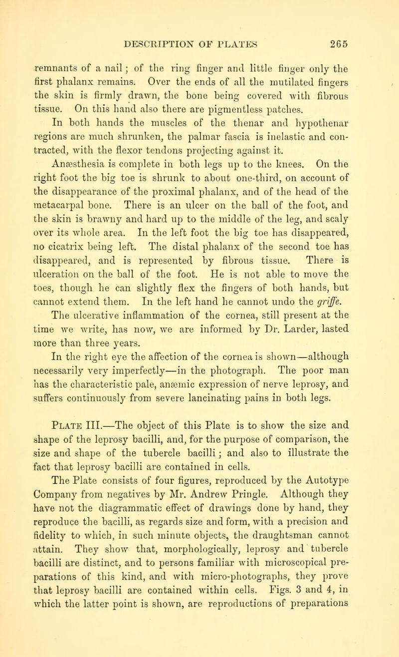 remnants of a nail; of the ring finger and little finger only the first phalanx remains. Over the ends of all the mutilated fingers the skin is firmly drawn, the bone being covered with fibrous tissue. On this hand also there are pigmentless patches. In both hands the muscles of the thenar and hypothenar regions are much shrunken, the palmar fascia is inelastic and con- tracted, with the flexor tendons projecting against it. Anaesthesia is complete in both legs up to the knees. On the right foot the big toe is shrunk to about one-third, on account of the disappearance of the proximal phalanx, and of the head of the metacarpal bone. There is an ulcer on the ball of the foot, and the skin is brawny and hard up to the middle of the leg, and scaly over its whole area. In the left foot the big toe has disappeared, no cicatrix being left. The distal phalanx of the second toe has disappeared, and is represented by fibrous tissue. There is ulceration on the ball of the foot. He is not able to move the toes, though he can slightly flex the fingers of both hands, but cannot extend them. In the left hand he cannot undo the griffe. The ulcerative inflammation of the cornea, still present at the time we write, has now, we are informed by Dr. Larder, lasted more than three years. In the right eye the aff'ection of the cornea is shown—:although necessarily very imperfectly—in the photograph. The poor man has the characteristic pale, ansemic expression of nerve leprosy, and suffers continuously from severe lancinating pains in both legs. Plate III.—The object of this Plate is to show the size and shape of the leprosy bacilli, and, for the purpose of comparison, the size and shape of the tubercle bacilli; and also to illustrate the fact that leprosy bacilli are contained in cells. The Plate consists of four figures, reproduced by the Autotype Company from negatives by Mr. Andrew Pringle. Although they have not the diagrammatic effect of drawings done by hand, they reproduce the bacilli, as regards size and form, with a precision and fidelity to which, in such minute objects, the draughtsman cannot attain. They show that, morphologically, leprosy and tubercle bacilli are distinct, and to persons familiar with microscopical pre- parations of this kind, and with micro-photographs, they prove that leprosy bacilli are contained within cells. Figs, 3 and 4, in which the latter point is shown, are reproductions of preparations