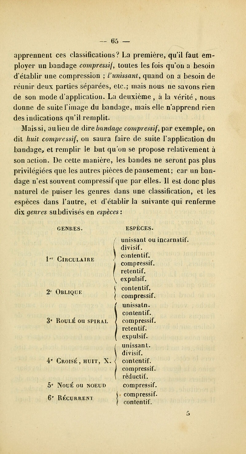 apprennent ces classifications? La première, qu'il faut em- ployer un bandage cotnpressif, toutes les fois qu'on a besoin d'établir une compression ; l'unissant, quand on a besoin de réunir deux parties séparées, etc.; mais nous ne savons rien de son mode d'application. La deuxième , à la vérité , nous donne de suite l'image du bandage, mais elle n'apprend rien des indications qu'il remplit. Maissi, aulieu de dire bandage compressif, par exemple, on dit huit compressif, ou saura faire de suite l'application du bandage, et remplir le but qu'on se propose relativement à son action. De cette manière, les bandes ne seront pas plus privilégiées que les autres pièces de pansement; car un ban- dage n'est souvent compressif que par elles. Il est donc plus naturel de puiser les genres dans une classification, et les espèces dans l'autre, et d'établir la suivante qui renferme dix genres subdivisés en espèces : GENRES. 1 Circulaire 2^ Oblique 3* Roulé ou spiral 4' Croisé , huit, X. Noué ou noeud récurrent ESPECES. unissant ou incarnatif. divisif. contentif. compressif. retenti f. \^ expulsif. contentif. compressif. unissatn. contentif. compressif. retentif. expulsif. unissant, divisif. contentif. compressif. réductif. compressif. compressif. contentif.