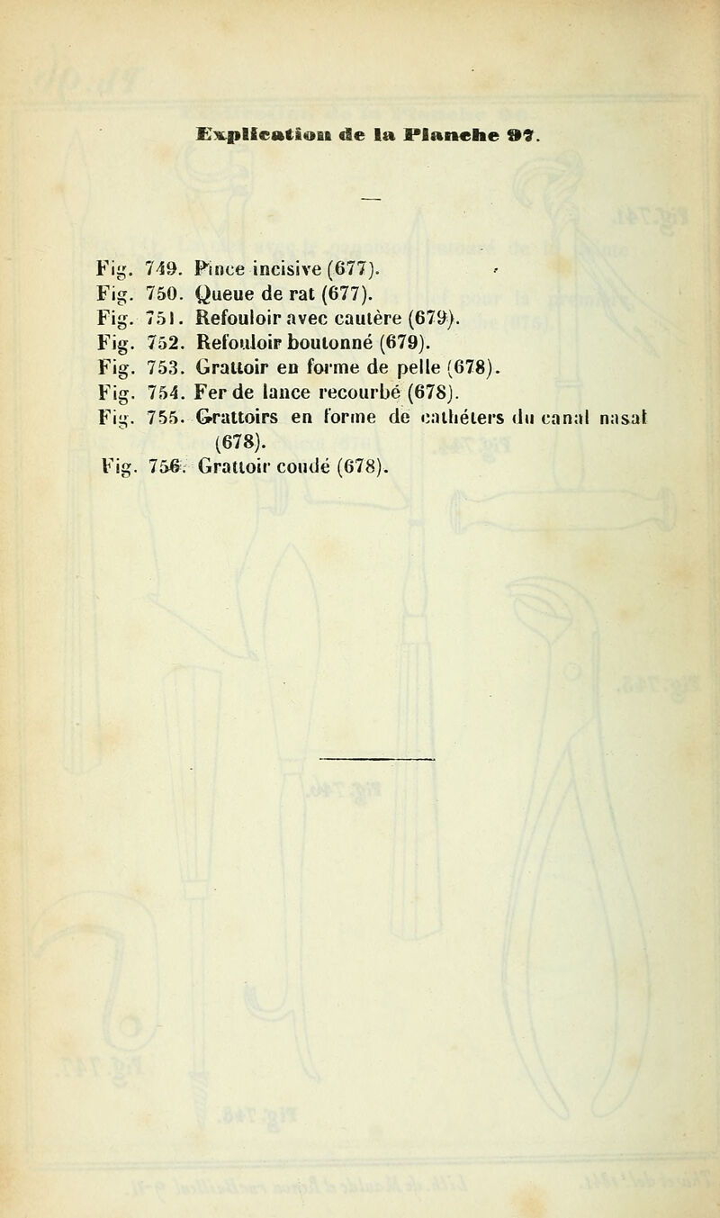 Fig. 749. Fince incisive (677). Fig. 750. Queue de rat (677). Fig. 751. Refouloir avec cautère (679). Fig. 752. Refouloir boulonné (679). Fig. 753. Grattoir en forme de pelle (678). Fig. 754. Fer de lance recourbé (678). Fig. 755. Grattoirs en forme de <îaihélers du canal nasal (678).