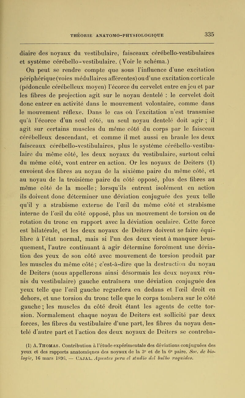 diaire des noyaux du vestibulaire, faisceaux cérébello-vestibulaires et système cérébello-vestibulaire. (Voirie schéma.) On peut se rendre compte que sous l'influence d'une excitation périphérique (voies médullaires afférentes) ou d'une excitation corticale (pédoncule cérébelleux moyen) l'écorce du cervelet entre enjeu et par les fibres de projection agit sur le noyau dentelé : le cervelet doit donc entrer en activité dans le mouvement volontaire, comme dans le mouvement réflexe. Dans le cas où l'excitation n'est transmise qu'à l'écorce d'un seul côté, un seul noyau dentelé doit agir ; il agit sur certains muscles du même côté du corps par le faisceau cérébelleux descendant, et comme il met aussi en branle les deux faisceaux cérébello-vestibulaires, plus le système cérébello-vestibu- lairc du même côté, les deux noyaux du vestibulaire, surtout celui du même côté, vont entrer en action. Or les noyaux de Deiters (1) envoient des fibres au noyau de la sixième paire du même côté, et au noyau de la troisième paire du côté opposé, plus des fibres au même côté de la moelle ; lorsqu'ils entrent isolément en action ils doivent donc déterminer une déviation conjuguée des yeux telle qu'il y a strabisme externe de l'œil du même côté et strabisme interne de l'œil du côté opposé, plus un mouvement de torsion ou de rotation du tronc en rapport avec la déviation oculaire. Cette force est bilatérale, et les deux noyaux de Deiters doivent se faire équi- libre à l'état normal, mais si l'un des deux vient à manquer brus- quement, l'autre continuant à agir détermine forcément une dévia- tion des yeux de son côté avec mouvement de torsion produit par les muscles du même côté; c'est-à-dire que la destruction du noyau de Deiters (nous appellerons ainsi désormais les deux noyaux réu- nis du vestibulaire) gauche entraînera une déviation conjuguée des yeux telle que l'œil gauche regardera en dedans et l'œil droit en dehors, et une torsion du tronc telle que le corps tombera sur le côté gauche ; les muscles du côté droit étant les agents de cette tor- sion. Normalement chaque noyau de Deiters est sollicité par deux forces, les fibres du vestibulaire d'une part, les fibres du noyau den- telé d'autre part et l'action des deux noyaux de Deiters se contreba- (1) A. Thomas. Contribution à l'étude expérimentale des déviations conjuguées des yeux et des rapports anatomiqnes des noyaux de la S'^ et de la 6<' paire. Soc. de bio- logie, 16 mars 1SÎ)(). —■ VjXJKL. ApiDites pera cl studio dcl Ijulho raquklco.