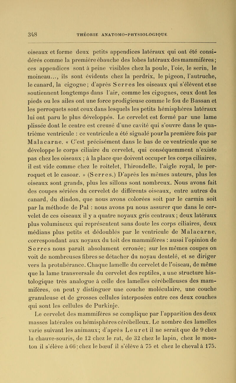 oiseaux et forme deux petits appendices latéraux qui ont été consi- dérés comme la première ébauche des lobes latéraux des mammifères; ces appendices sont à peine visibles chez la poule, l'oie, le serin, le moineau..., ils sont évidents chez la perdrix, le pigeon, l'autruche, le canard, la cigogne; d'après Serres les oiseaux qui s'élèvent etse soutiennent longtemps dans l'air, comme les cigognes, ceux dont les pieds ou les ailes ont une force prodigieuse comme le fou de Bassan et les perroquets sont ceux dans lesquels les petits hémisphères latéraux lui ont paru le plus développés. Le cervelet est formé par une lame plissée dont le centre est creusé d'une cavité qui s'ouvre dans le qua- trième ventricule : ce ventricule a été signalé pour la première fois par Malacarne. « C'est précisément dans le bas de ce ventricule que se développe le corps ciliaire du cervelet, qui conséquemment n'existe pas chez les oiseaux ; à la place que doivent occuper les corps ciliaires, il est vide comme chez le roitelet, l'hirondelle, l'aigle royal, le per- roquet et le casoar. » (Serres.) D'après les mômes auteurs, plus les oiseaux sont grands, plus les sillons sont nombreux. Nous avons fait des coupes sériées du cervelet de différents oiseaux, entre autres du canard, du dindon, que nous avons colorées soit par le carmin soit par la méthode de Pal : nous avons pu nous assurer que dans le cer- velet de ces oiseaux il y a quatre noyaux gris centraux ; deux latéraux plus volumineux qui représentent sans doute les corps ciliaires, deux médians plus petits et dédoublés par le ventricule de Malacarne, correspondant aux noyaux du toit des mammifères : aussi l'opinion de Serres nous paraît absolument erronée; sur les mêmes coupes on voit de nombreuses fibres se détacher du noyau dentelé, et se diriger vers la protubérance. Chaque lamelle du cervelet de l'oiseau, de même que la lame transversale du cervelet des reptiles, aune structure his- tologique très analogue à celle des lamelles cérébelleuses des mam- mifères, on peut y distinguer une couche moléculaire, une couche granuleuse et de grosses cellules interposées entre ces deux couches qui sont les cellules de Purkinje. Le cervelet des mammifères se complique par l'apparition des deux masses latérales ou hémisphères cérébelleux. Le nombre des lamelles varie suivant les animaux; d'après Leur et il ne serait que de 9 chez la chauve-souris, de 12 chez le rat, de 32 chez le lapin, chez le mou- ton il s'élève à 66: chez le bœuf il s'élève à 75 et chez le cheval à 175.