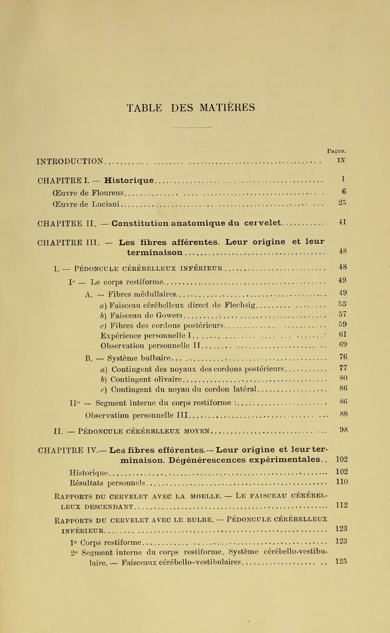 TABLE DES MATIERES Piiges. INTRODUCTION is CHAPITRE I. — Historique 1 Œuvre de Flourens 6 Œuvre de Luciani 25 CHAPITRE II. — Constitution anatomique du cervelet 41 CHAPITRE III. — Les fibres afférentes. Leur origine et leur terminaison 48 I. — PÉDONCULE CÉRÉBELLEUX INPÉKIEUE, 48 I — Le corps restiforme 49 A. — Fibres médullaires •... 49 a) Faisceau cérébelleux direct de Flechsig S3 b) Faisceau de Gowers . •. 57 c) Fibres des cordons postérieurs 59 Expérience personnelle I  61 Observation personnelle II 69 B. — Système bulbaire 76 a) Contingent des noyaux des cordons postérieurs 77 i) Contingent olivaire 80 e) Contingent du noyau du cordon latéral 86 11° ~ Segment interne du corps restiforme : 86 Observation personnelle III . - • 88 II. — PÉDONCULE CÉKÉBBLLEUX MOYEN 98 CHAPITRE IV.— Les fibres efférentes. - Leur origine et leur ter- minaison. Dégénérescences expérimentales.. 102 Historique 102 Résultats personnels 110 Rapports du cervelet avec la moelle. — Le faisceau cérébel- leux DESCENDANT 112 Rapports du cervelet avec le bulbe. — Pédoncule cérébelleux inférieur 123 1° Corps restiforme 123 2° Segment interne du corps restiforme. Système cérébello-vestibu- laire. — Faisceaux cérébello-vestibulaires 125