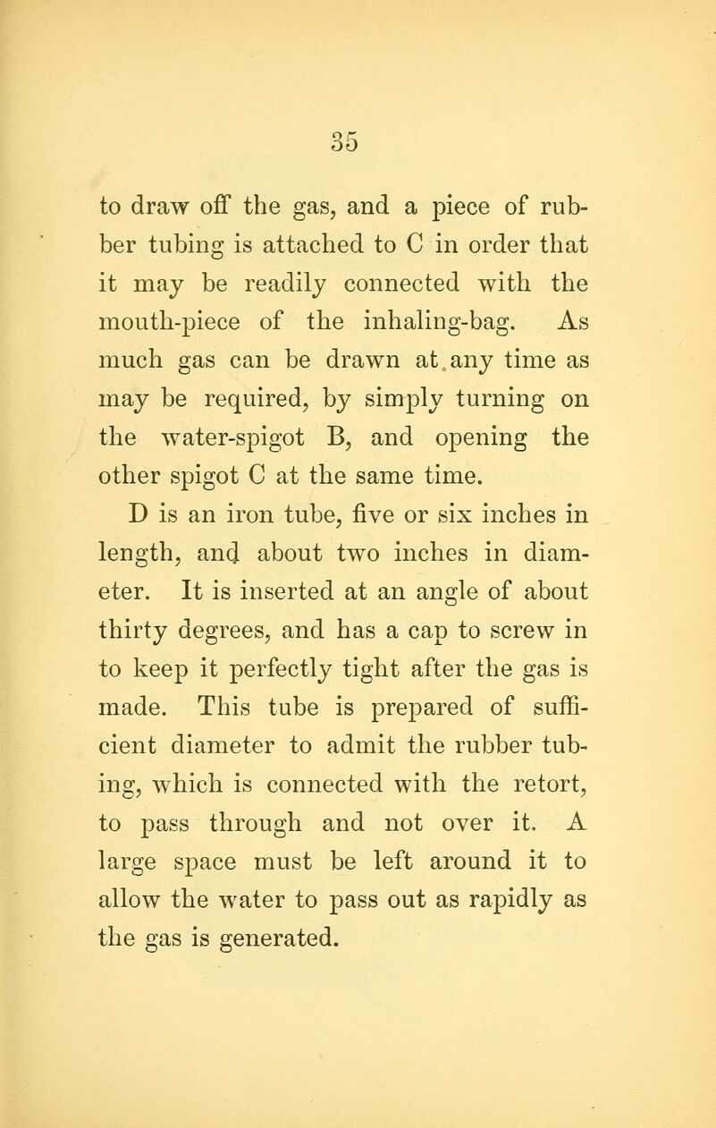 to draw off the gas, and a piece of rub- ber tubing is attached to C in order that it may be readily connected with the mouth-piece of the inhaling-bag. As much gas can be drawn at,any time as may be required, by simply turning on the water-spigot B, and opening the other spigot C at the same time. D is an iron tube, five or six inches in length, an(J about two inches in diam- eter. It is inserted at an angle of about thirty degrees, and has a cap to screw in to keep it perfectly tight after the gas is made. This tube is prepared of suffi- cient diameter to admit the rubber tub- ing, which is connected with the retort, to pass through and not over it. A large space must be left around it to allow the water to pass out as rapidly as the gas is generated.