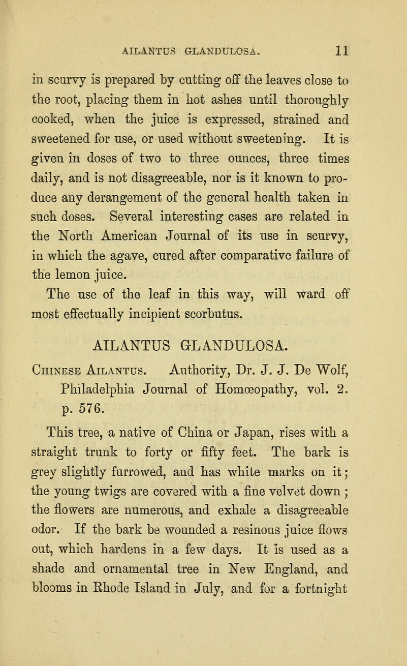 ill scurvy is prepared by cutting off the leaves close to tlie root, placing tliem in hot ashes until thoroughly cooked, when the juice is expressed, strained and sweetened for use, or used without sweetening. It is given in doses of two to three ounces, three times daily, and is not disagreeable, nor is it known to pro- duce any derangement of the general health taken in such doses. Several interesting cases are related in the North American Journal of its use in scurvy, in which the agave, cured after comparative failure of the lemon juice. The use of the leaf in this way, will ward off most effectually incipient scorbutus. AILANTUS GLANDULOSA. Chinese Ailantcs. Authority, Dr. J. J. De Wolf, Philadelphia Journal of Homoeopathy, vol. 2. p. 576. This tree, a native of China or Japan, rises with a straight trunk to forty or fifty feet. The bark is grey slightly furrowed, and has white marks on it; the young twigs are covered with a fine velvet down ; the flowers are numerous, and exhale a disagreeable odor. If the bark be wounded a resinous juice flows out, which hardens in a few days. It Is used as a shade and ornamental tree in New England, and blooms in Ehode Island in July, and for a fortnight