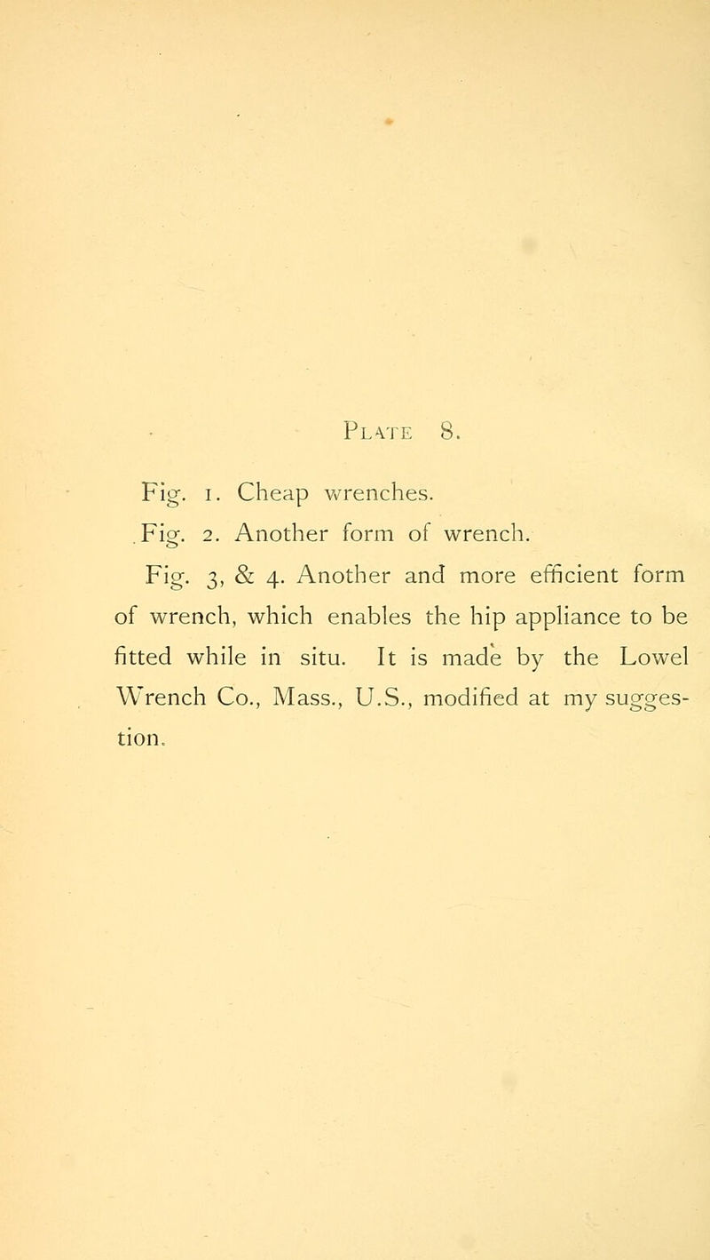 Fig. I. Cheap V\^renches. Fie. 2. Another form of wrench. Fig. 3, & 4. Another and more efficient form of wrench, which enables the hip appHance to be fitted while in situ. It is made by the Lowel Wrench Co., Mass., U.S., modified at my sugges- tion.